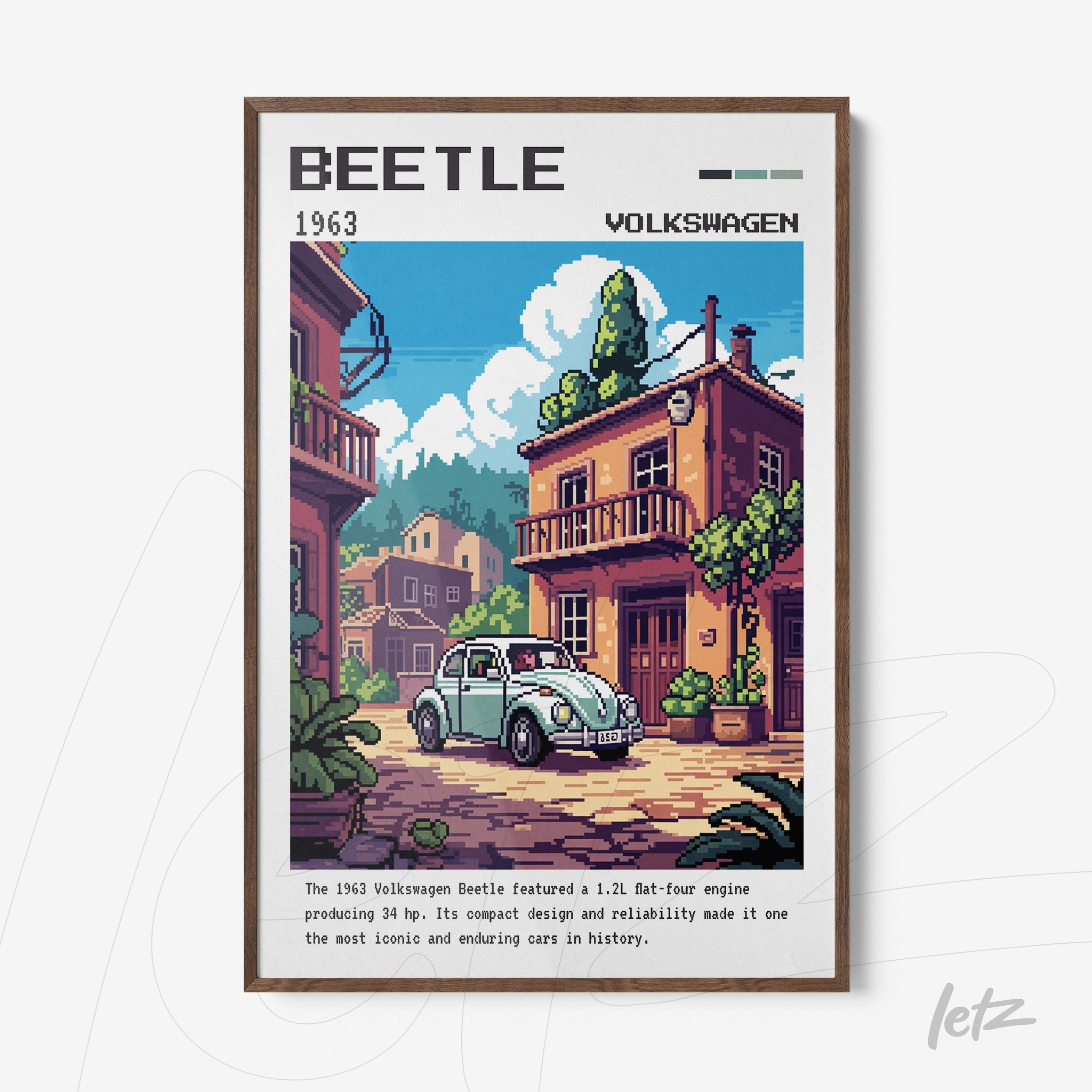 quadro com arte pixelada do Volkswagen Beetle de 1963 emoldurado com moldura madeira escura