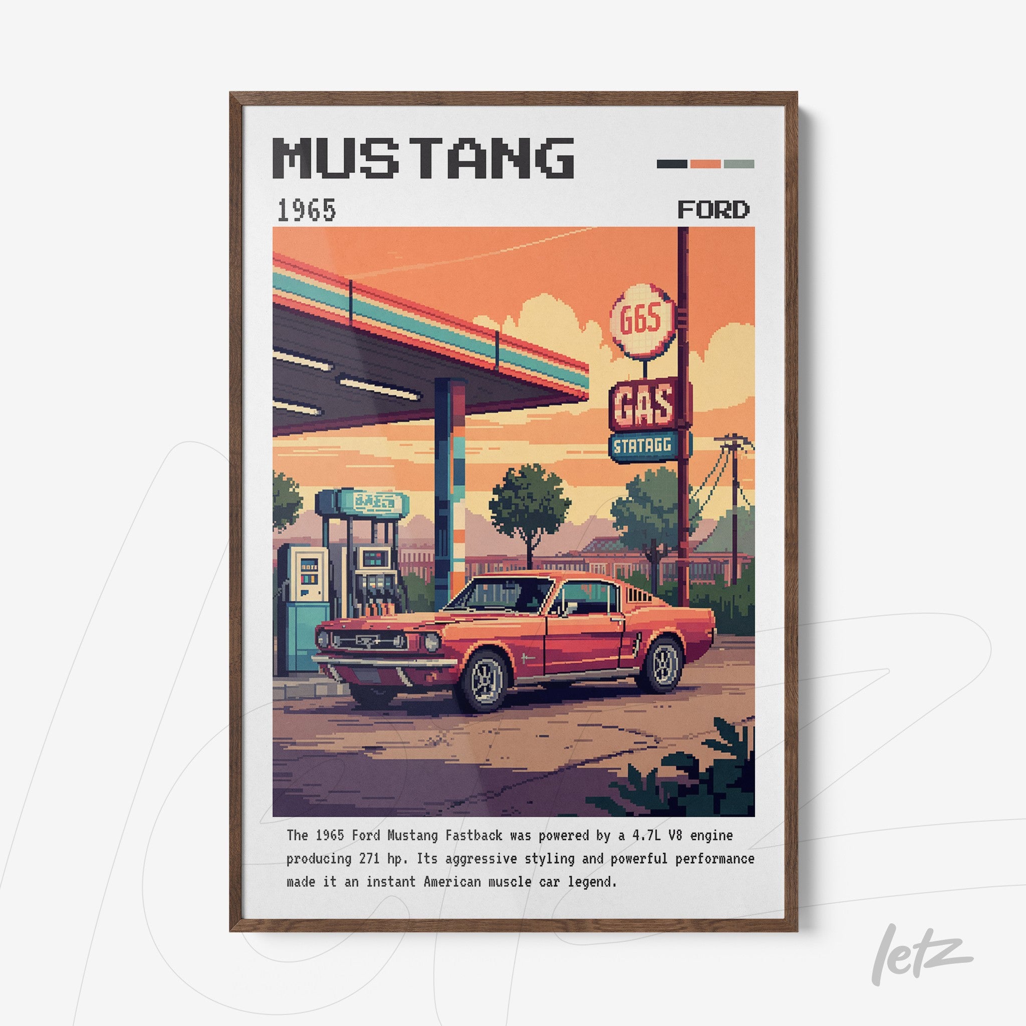 quadro com arte digital retrô de um carro Mustang vermelho estacionado em um posto de gasolina, cercado por detalhes de pixel art e moldura marrom