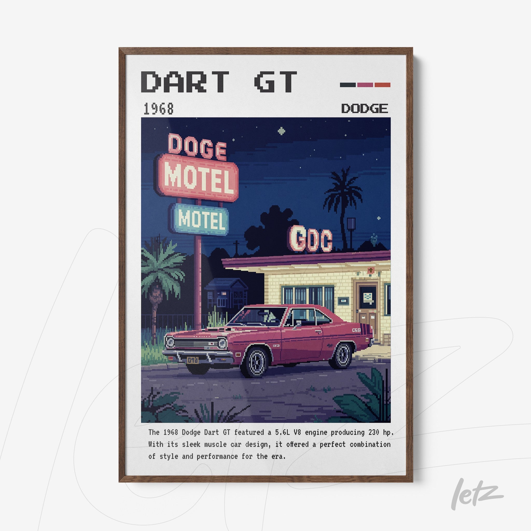 quadro com arte retrô de um carro Dodge Dart GT de 1968 em um motel, moldura de madeira