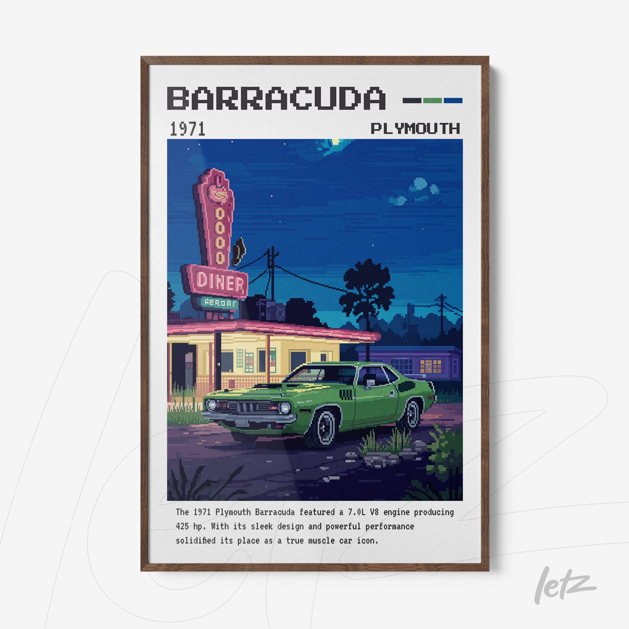 quadro com arte retro de carro Plymouth Barracuda em frente a um diner iluminado durante a noite com estilo pixel art