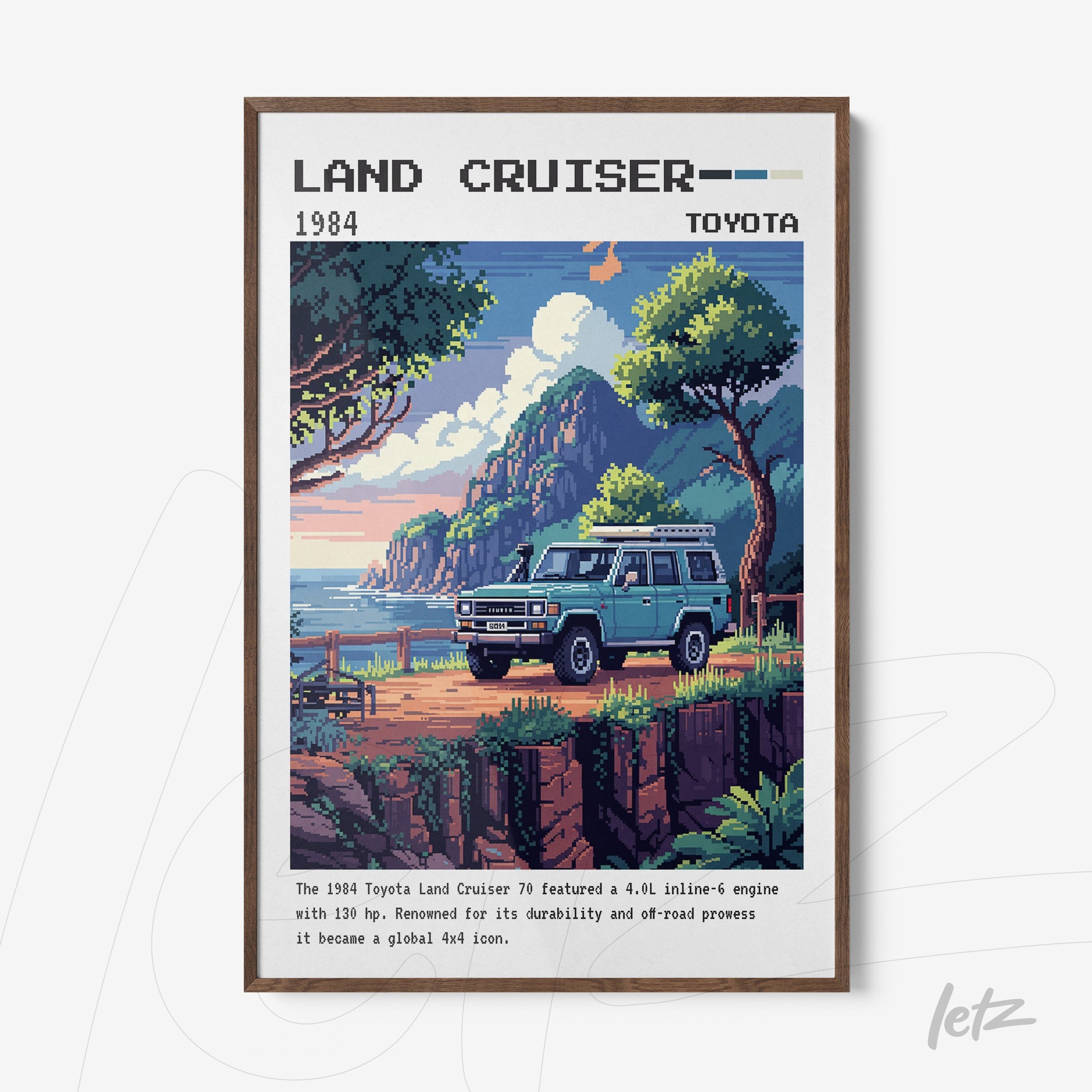 quadro em estilo retro com arte pixelizada do Toyota Land Cruiser 1984, moldura de madeira escura