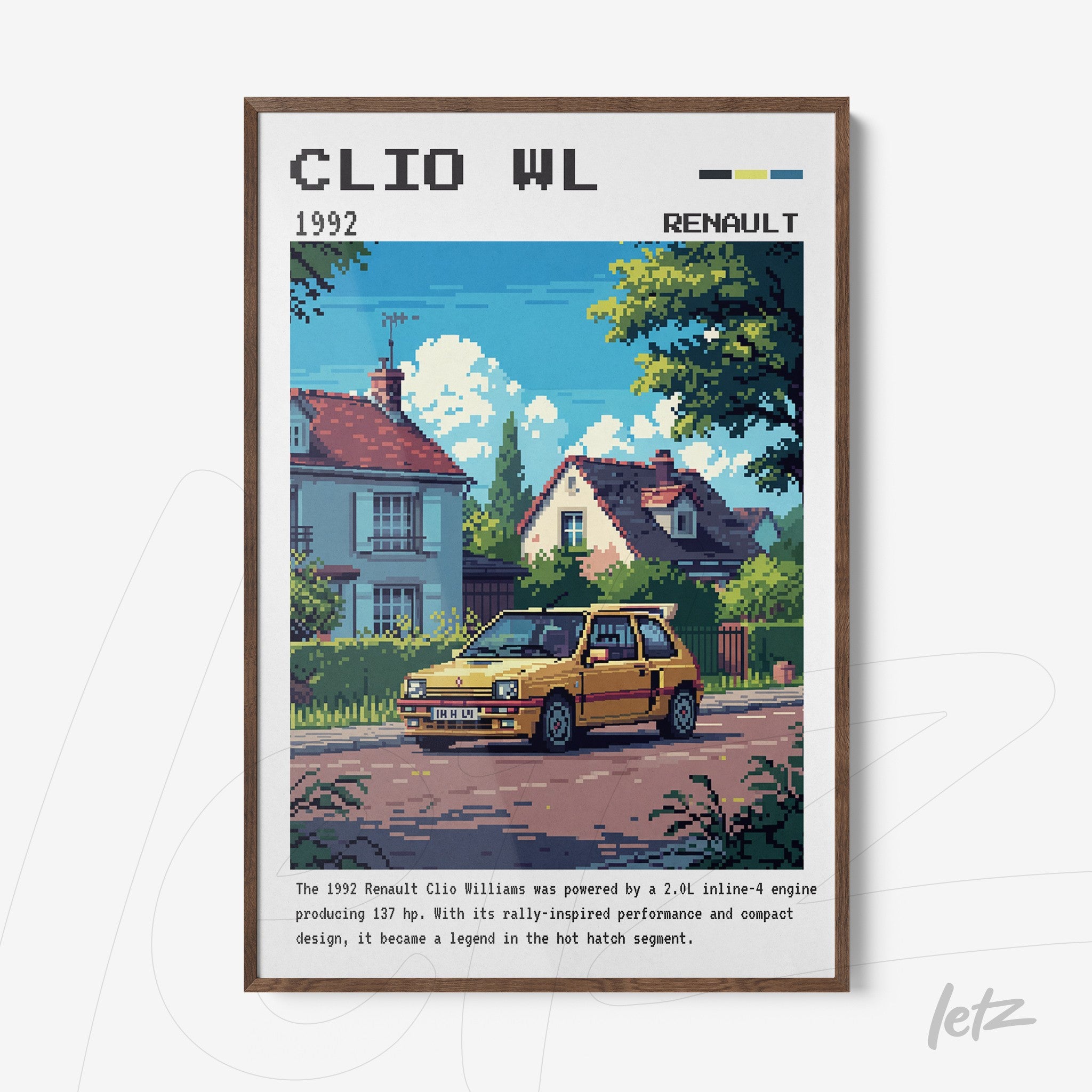 quadro com arte pixelada de um carro Renault Clio Williams amarelo estacionado em frente a uma casa na rua