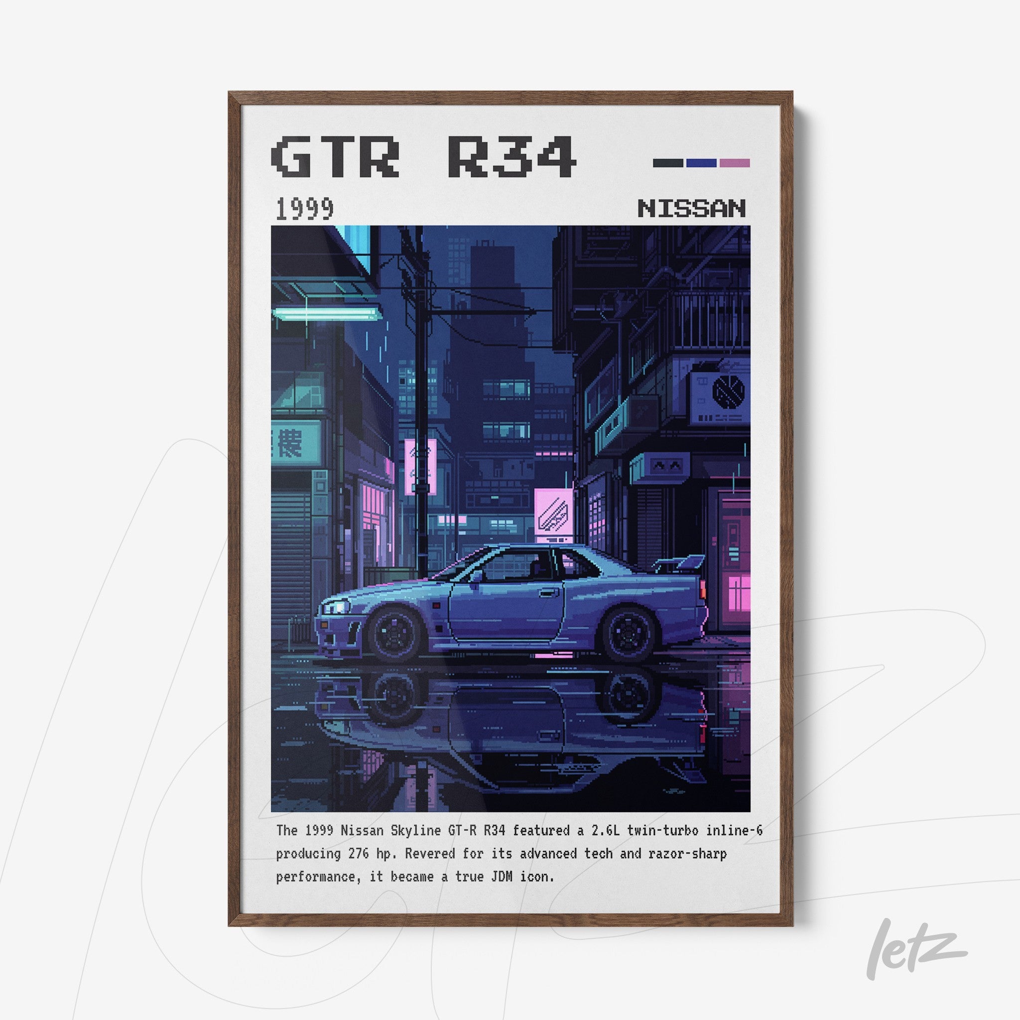 quadro com arte digital do carro Nissan GT-R R34 em um cenário urbano noturno, moldura wooden