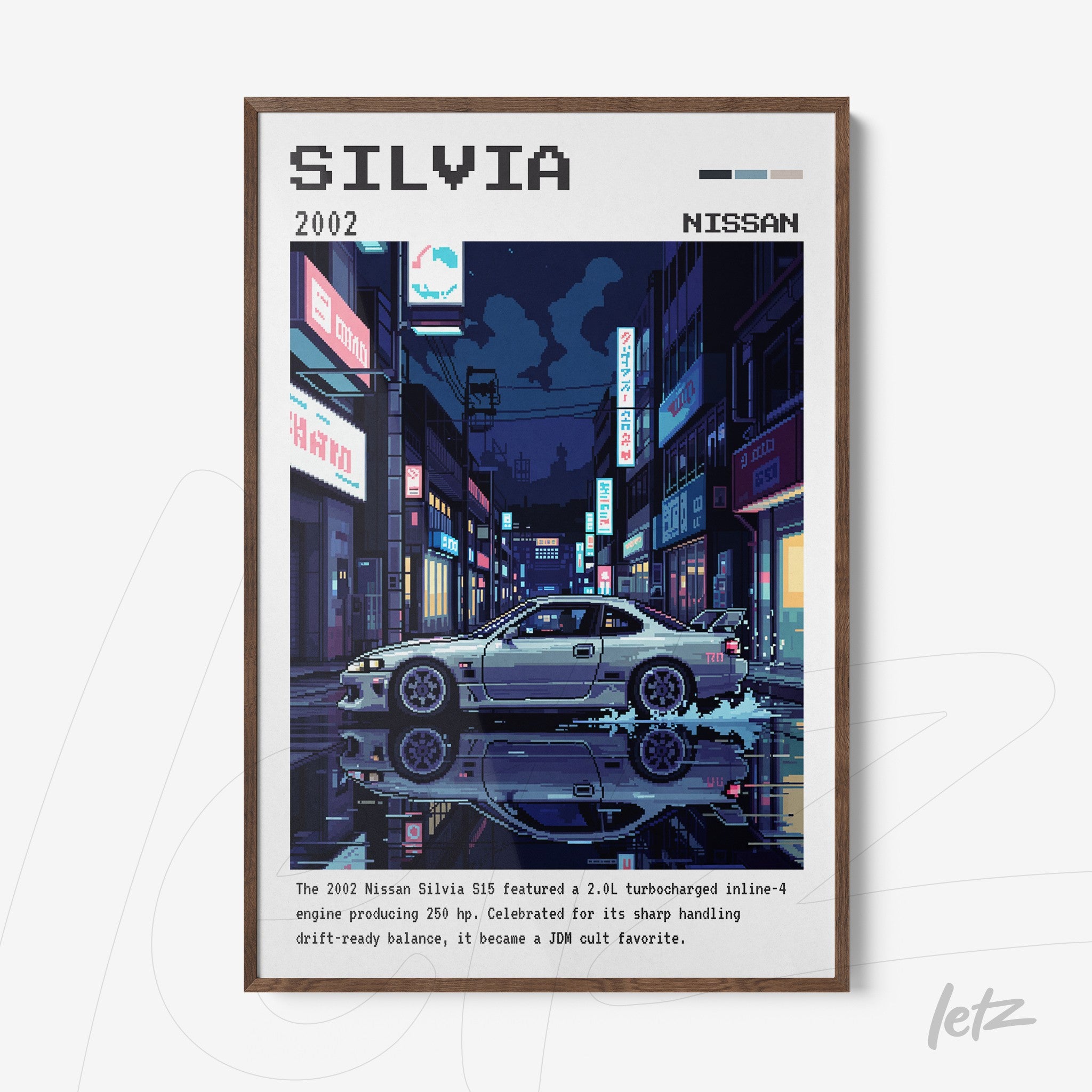 quadro com arte digital do carro Nissan Silvia em ambiente urbano noturno com moldura de madeira escura