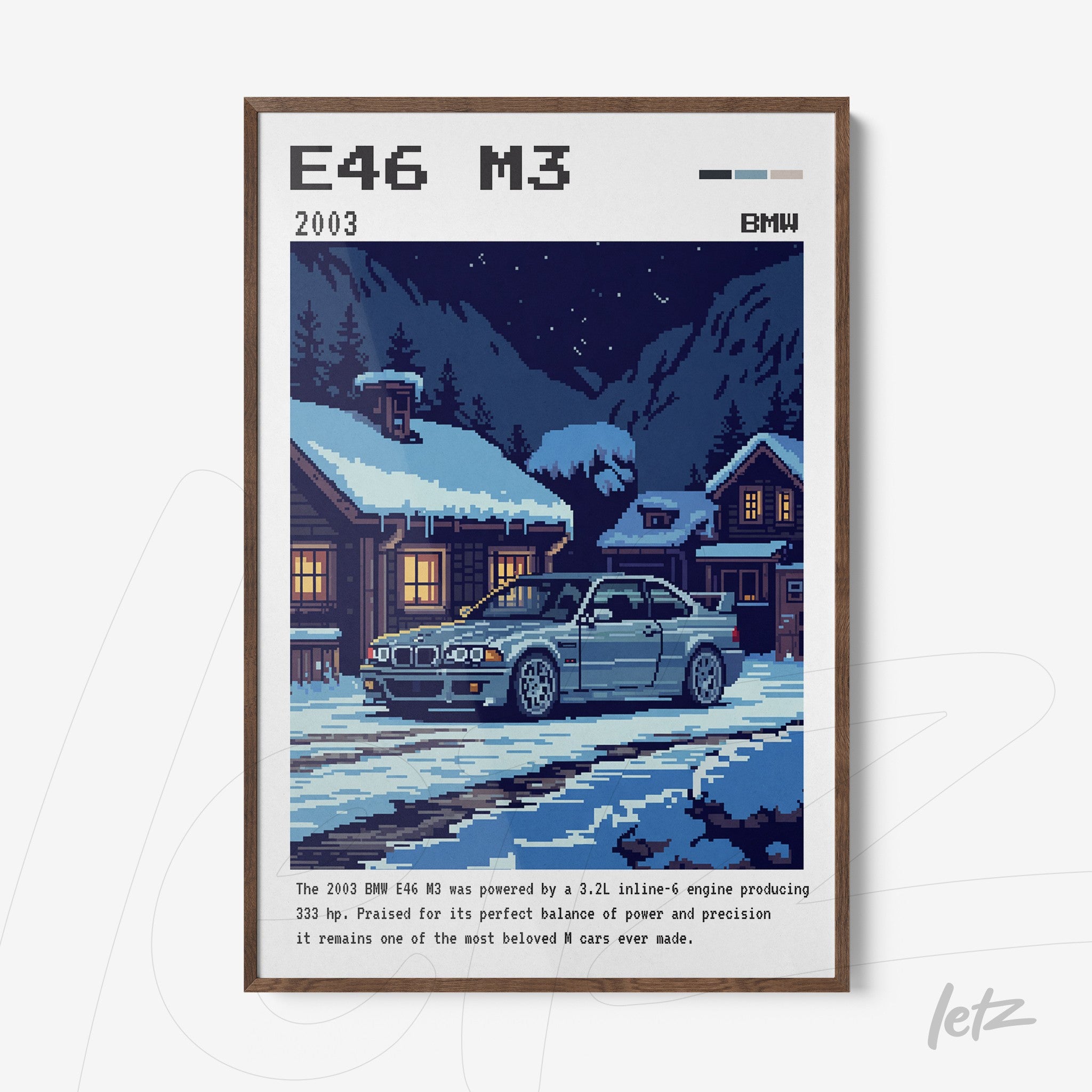 quadro com arte pixelada do carro BMW E46 M3 em um cenário nevada, moldura marrom
