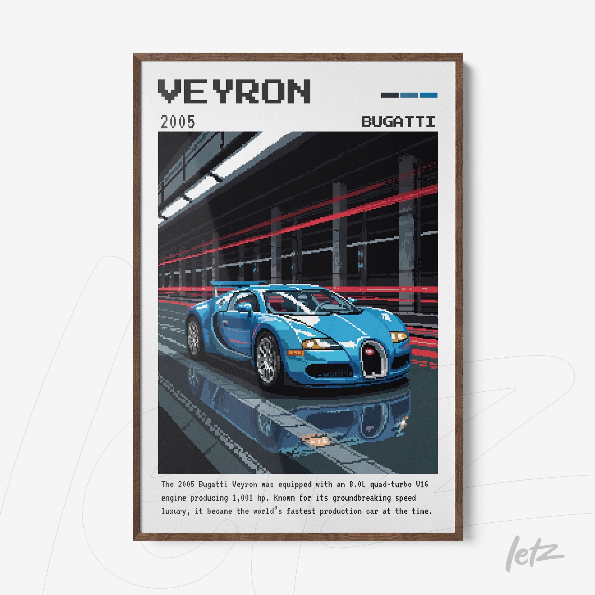 quadro com arte em pixel de carro Bugatti Veyron em movimento com fundo de pista iluminada
