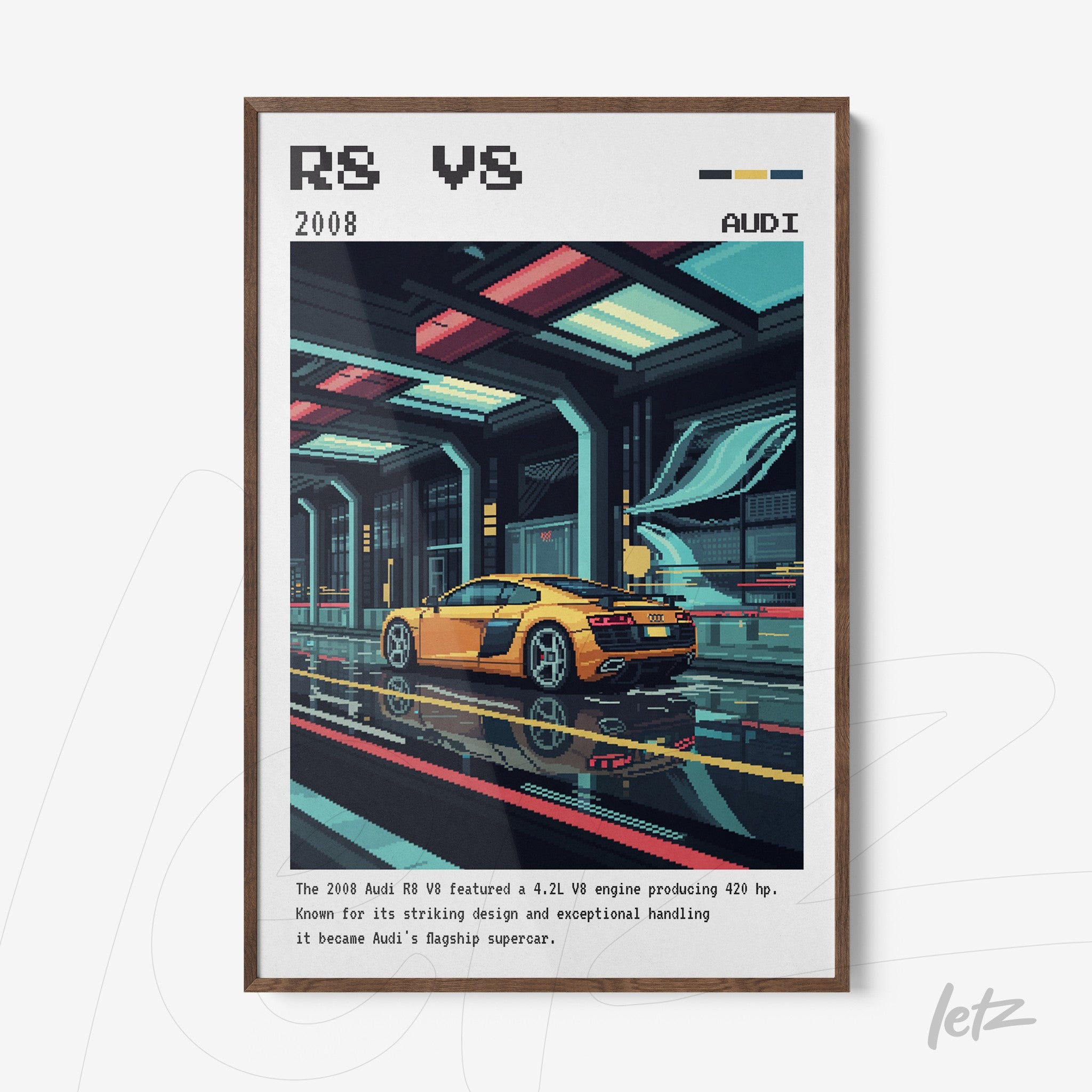 quadro com arte digital do carro Audi R8 em moldura de madeira escura