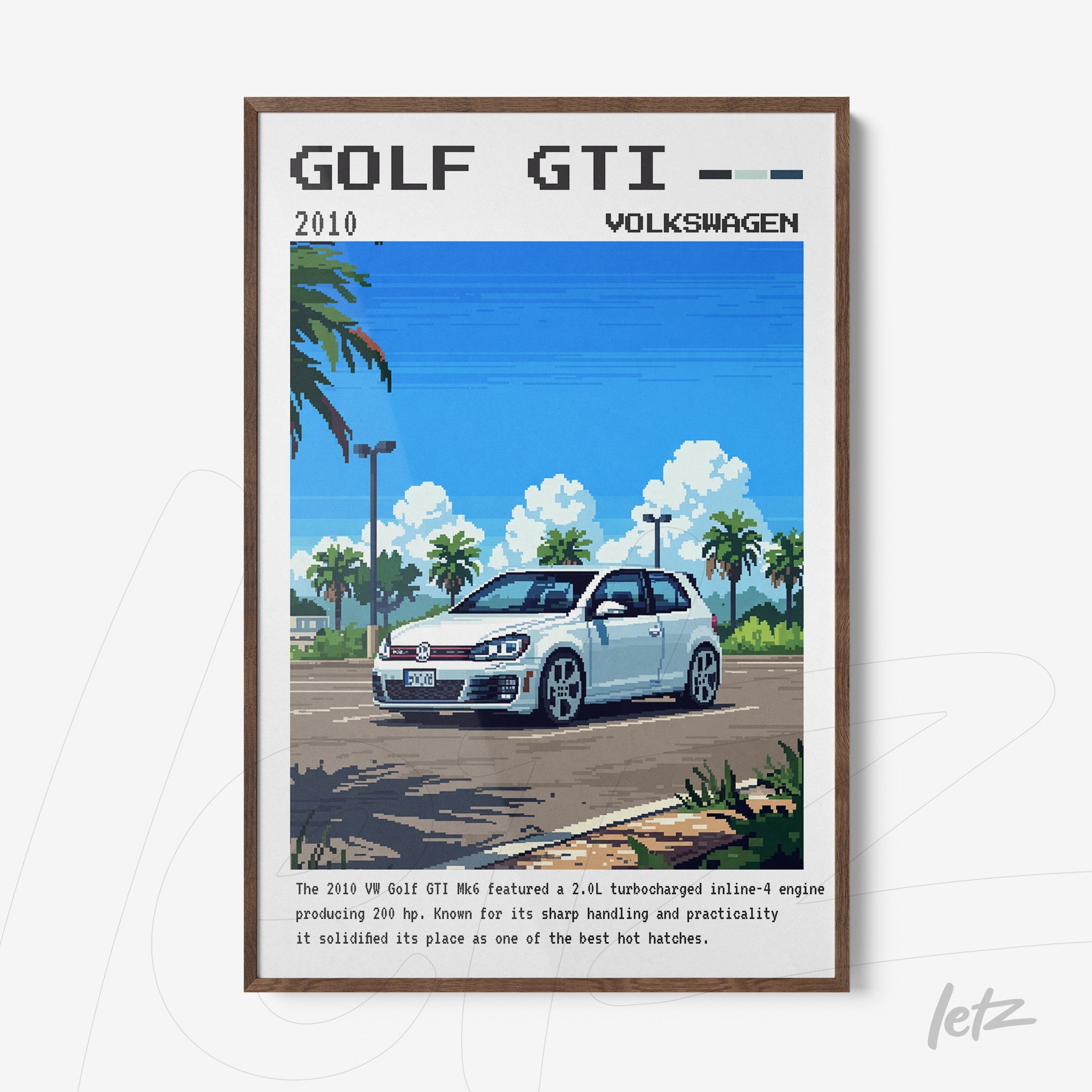 quadro com arte digital de um Volkswagen Golf GTI 2010 em estilo pixel art com fundo de paisagem urbana
