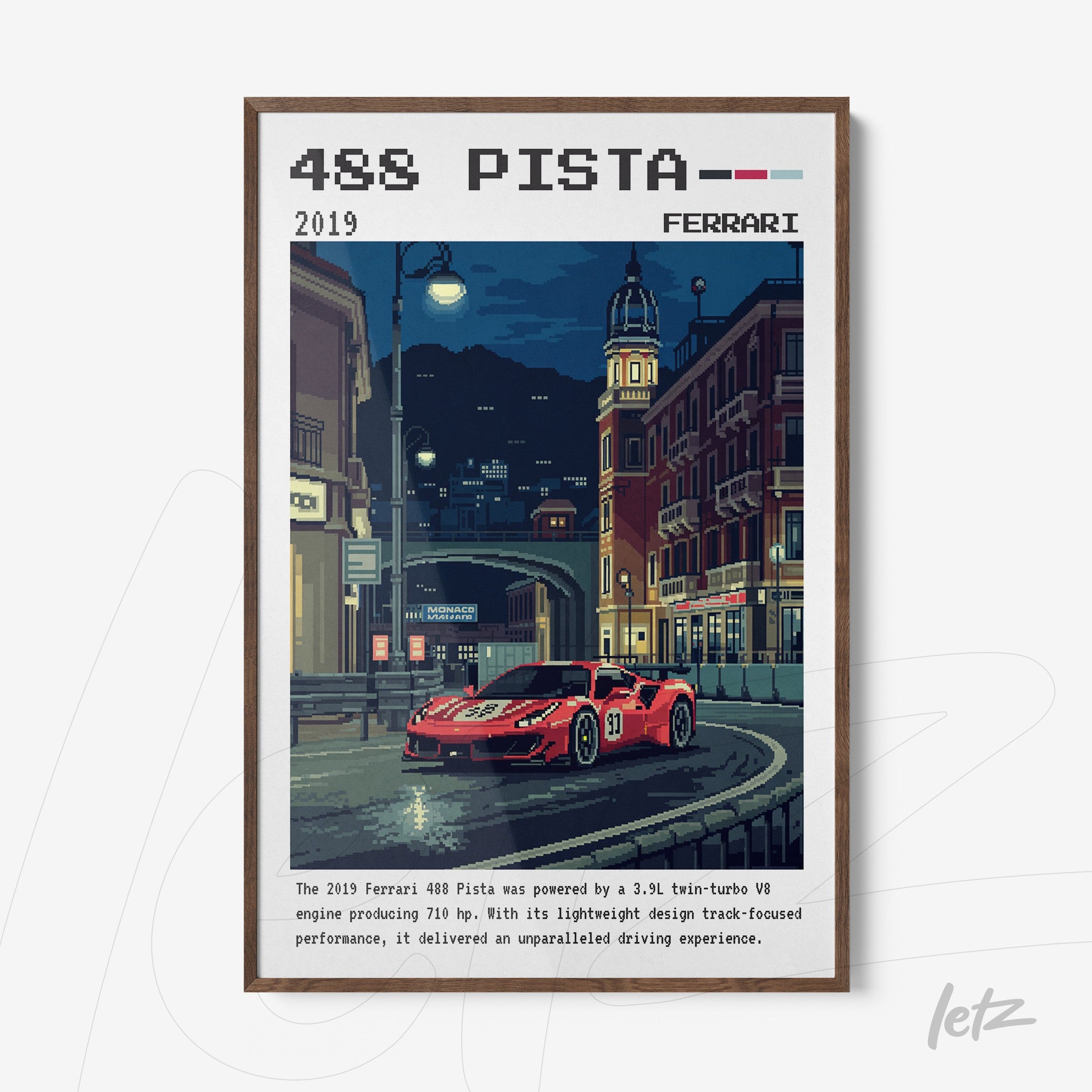quadro com arte pixelada de um carro Ferrari 488 Pista em um ambiente urbano noturno com edifícios ao fundo e iluminação de rua