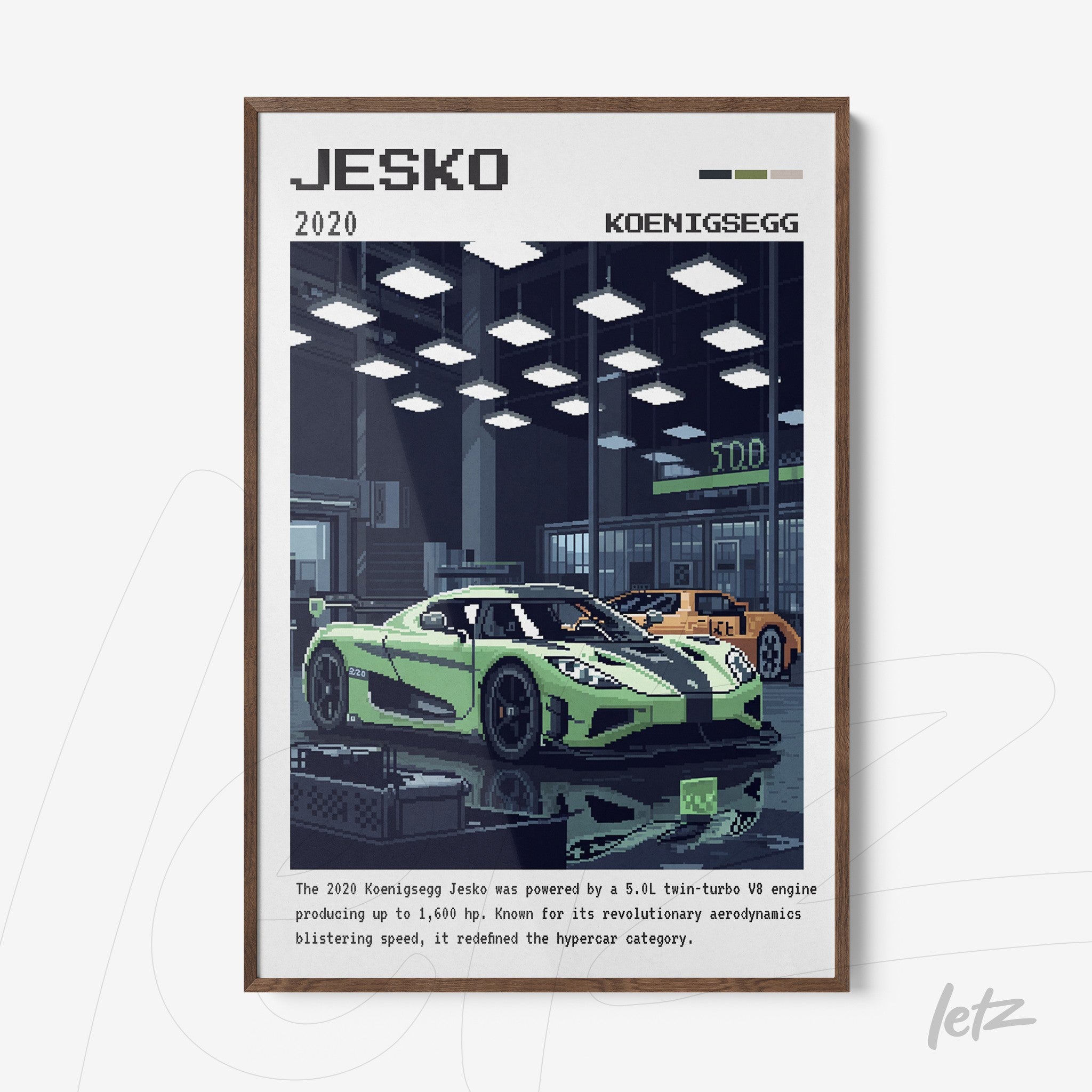 quadro com arte digital de carro Koenigsegg Jesko em um ambiente de garagem com um elegante acabamento em moldura marrom