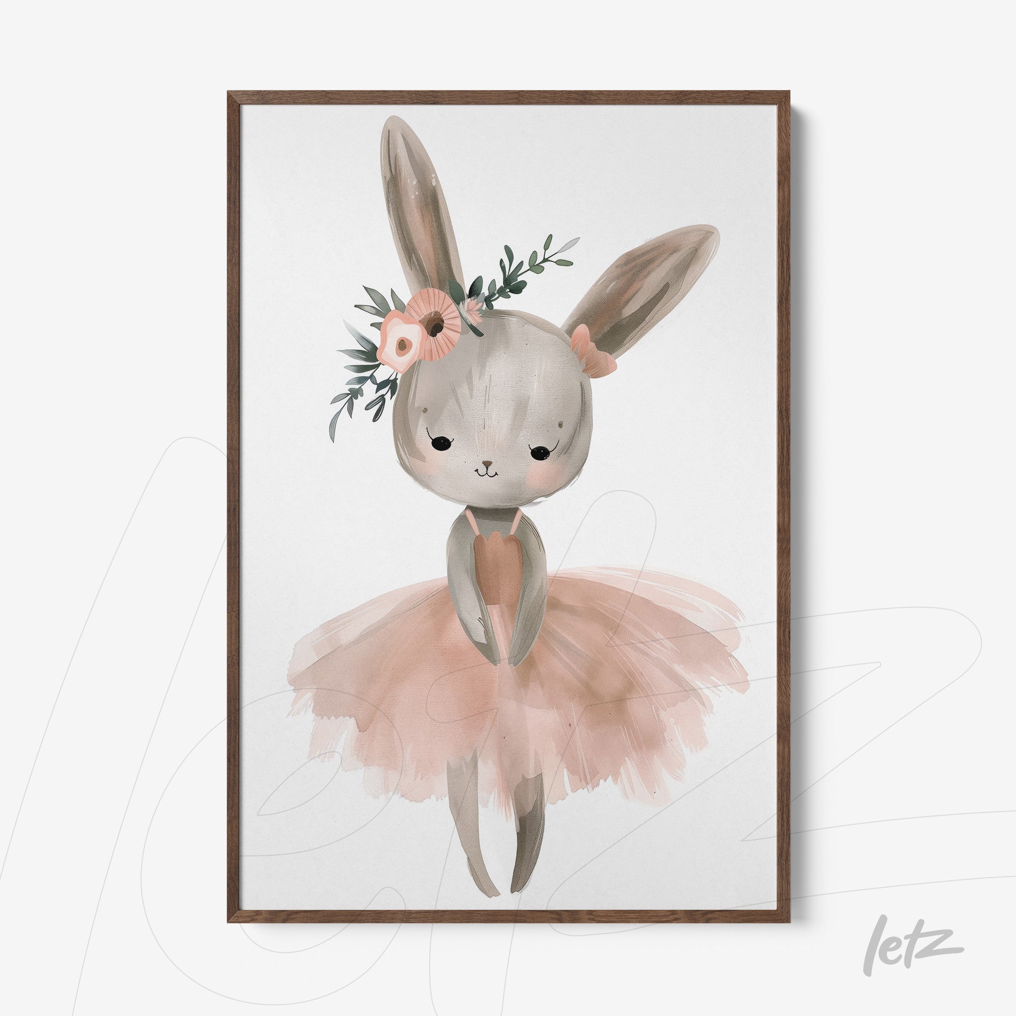 quadro com arte de coelho ballerina usando um tutu rosa e adornado com flores, em moldura de madeira escura