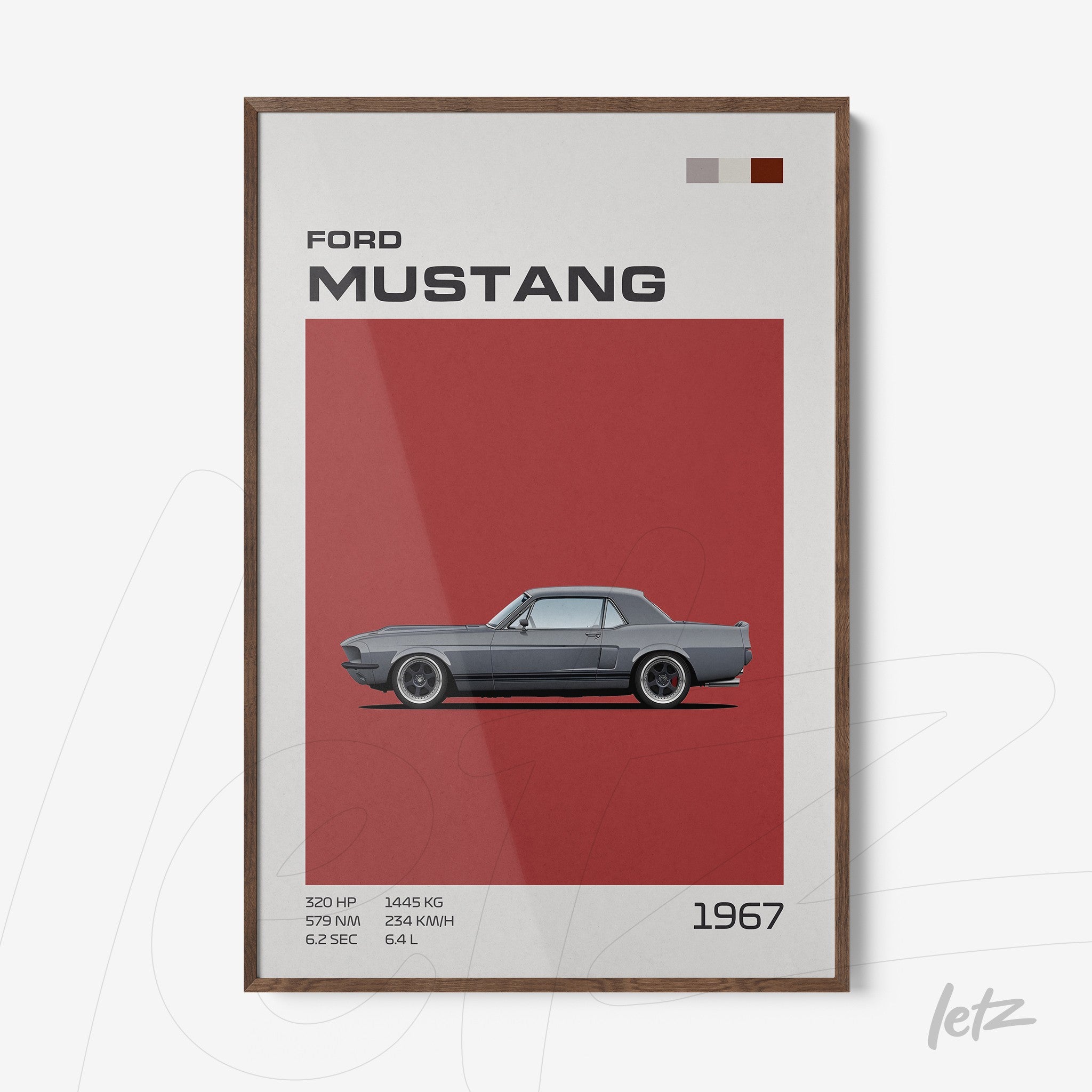 quadro com ilustração do carro Ford Mustang de 1967 sobre fundo vermelho e moldura de madeira escura