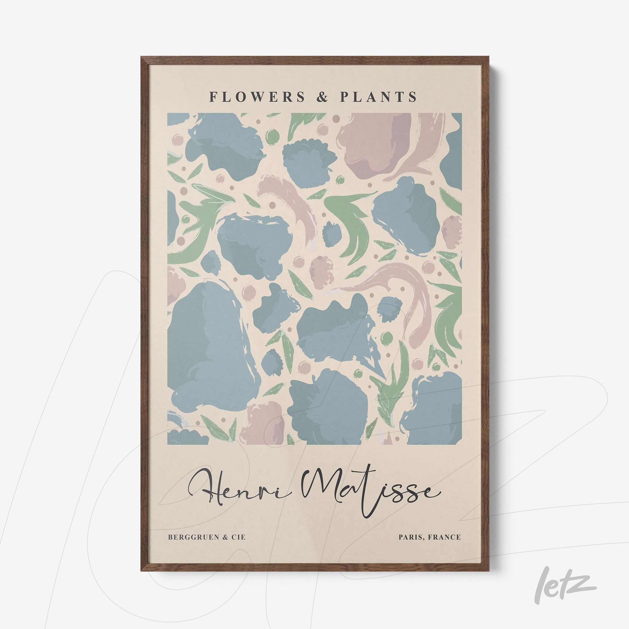 quadro decorativo com arte abstrata de flores e plantas em moldura de madeira clara