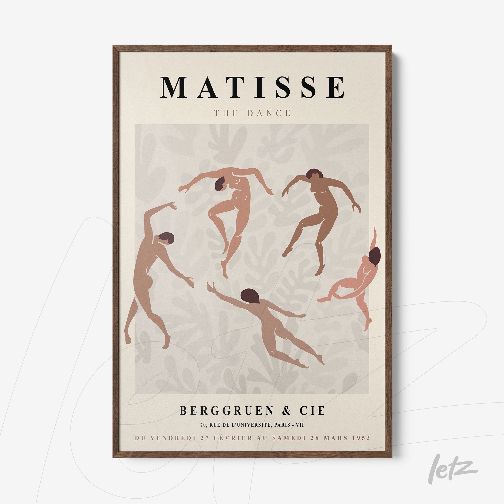 quadro com arte estilizada de dançarinos em fundo com textura suave, moldura de madeira escura