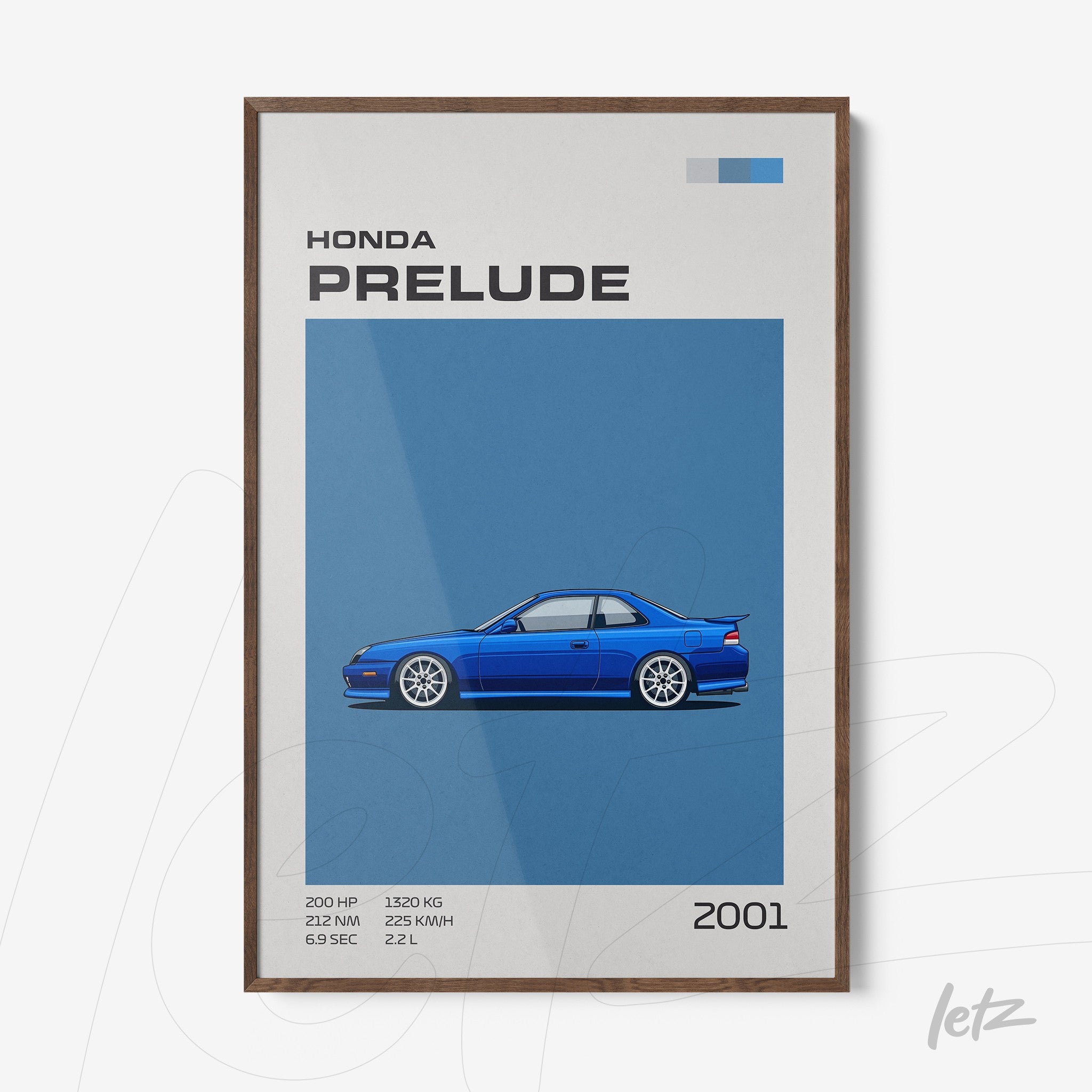 quadro com ilustração de carro esportivo Honda Prelude de 2001 em fundo azul, com moldura de madeira escura