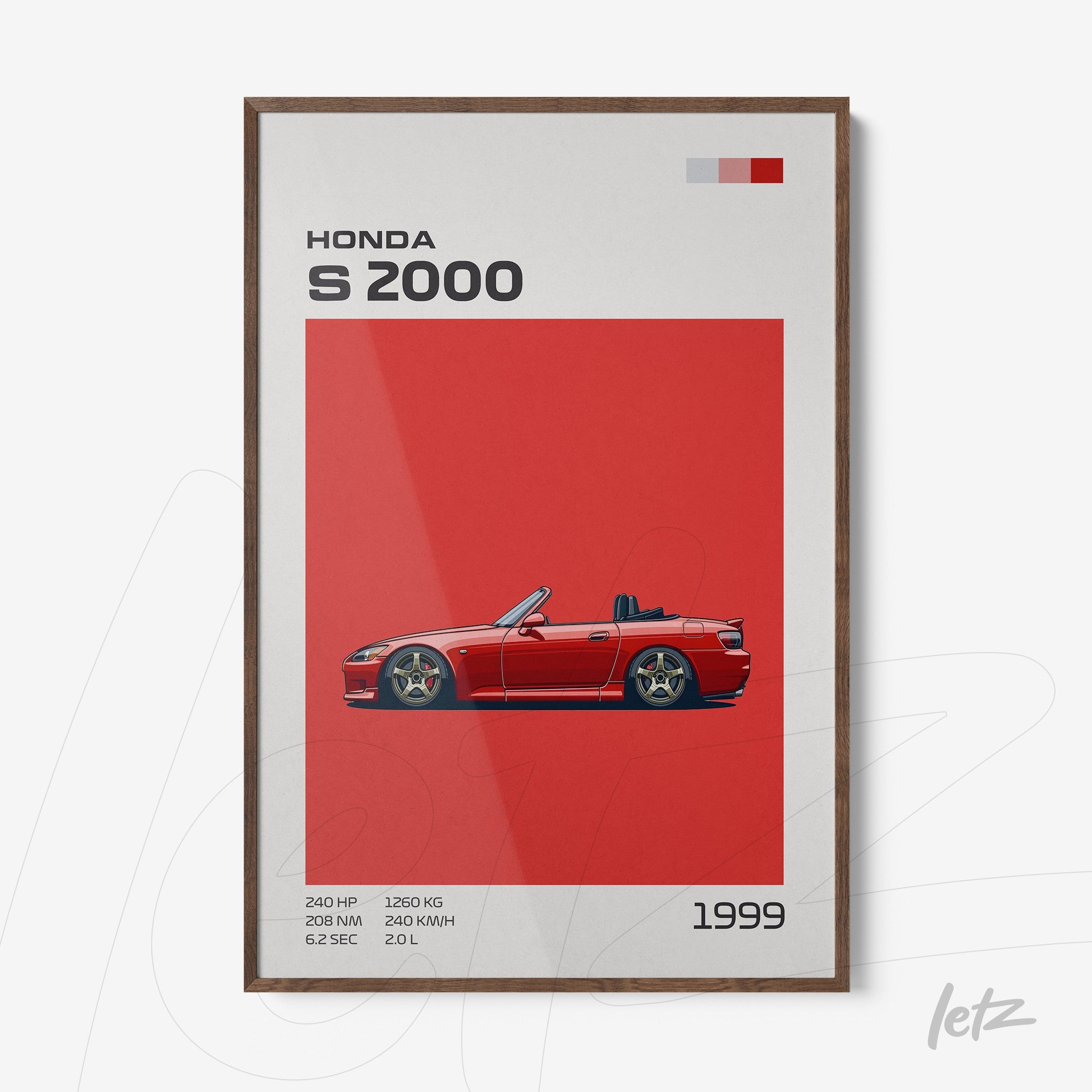 quadro com ilustração do carro Honda S2000 vermelho em fundo vermelho, com moldura de madeira escura