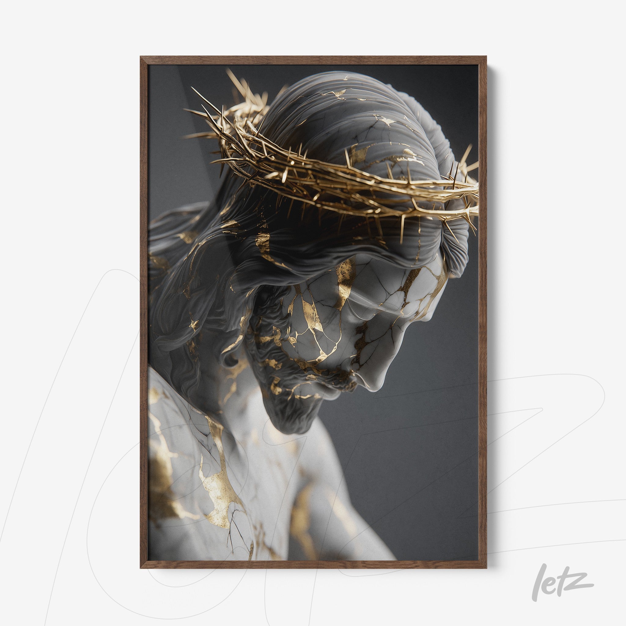 quadro de arte digital apresentando uma escultura de Cristo com coroa espinhosa em detalhes dourados e textura de mármore, moldura em madeira escura