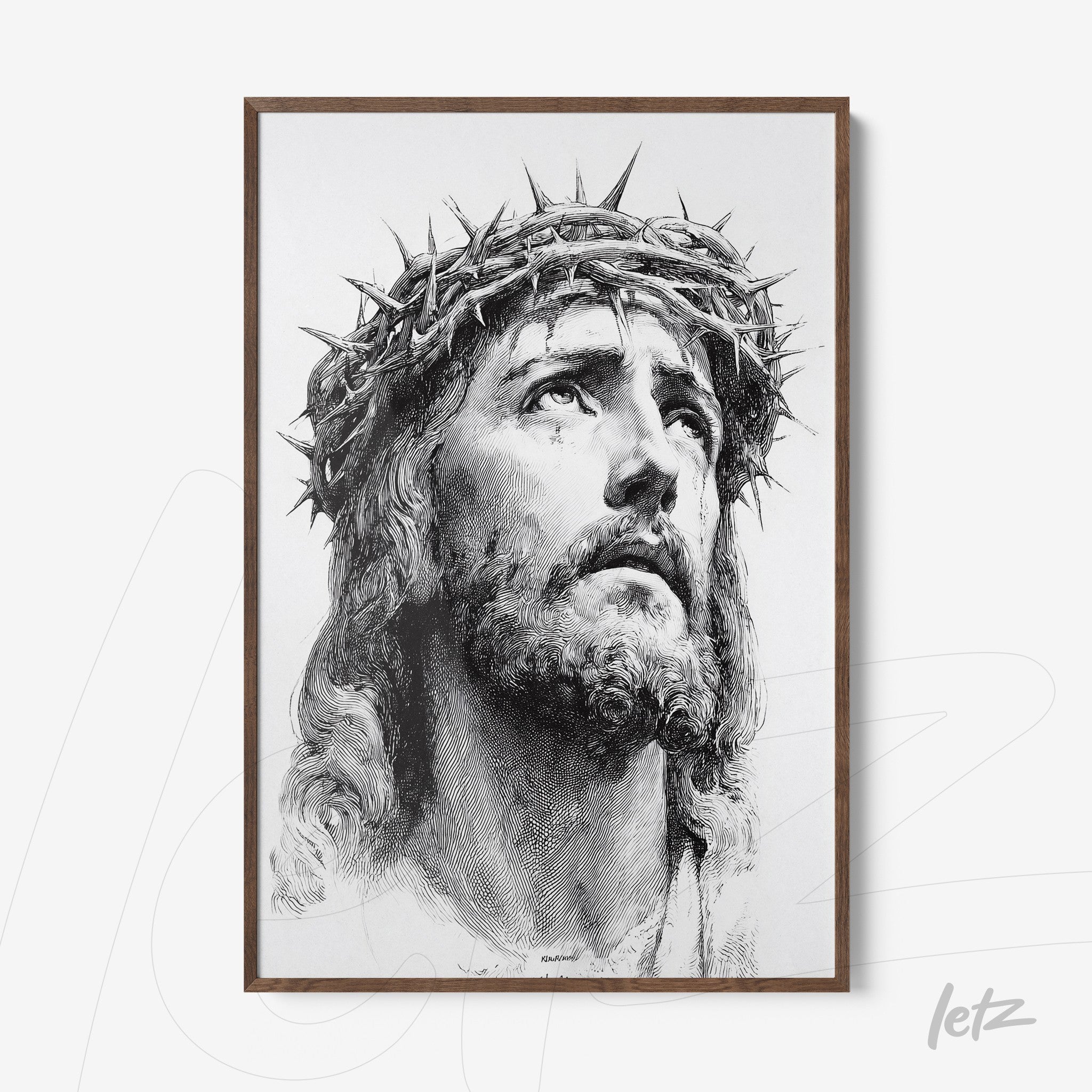 quadro em moldura de madeira com retrato em preto e branco de Jesus Cristo usando a coroa de espinhos