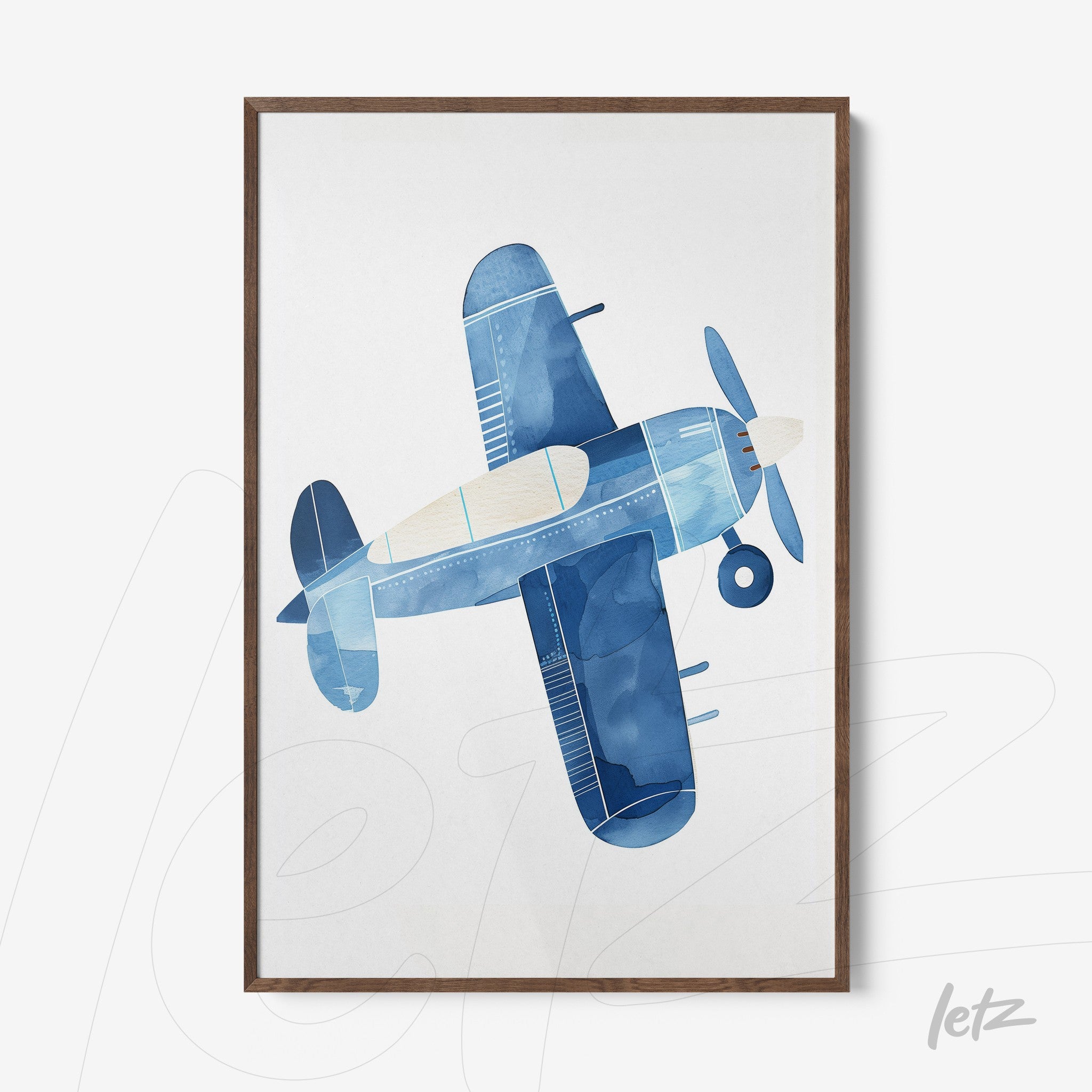 quadro com ilustração de um avião em estilo aquarela azul com moldura de madeira escura