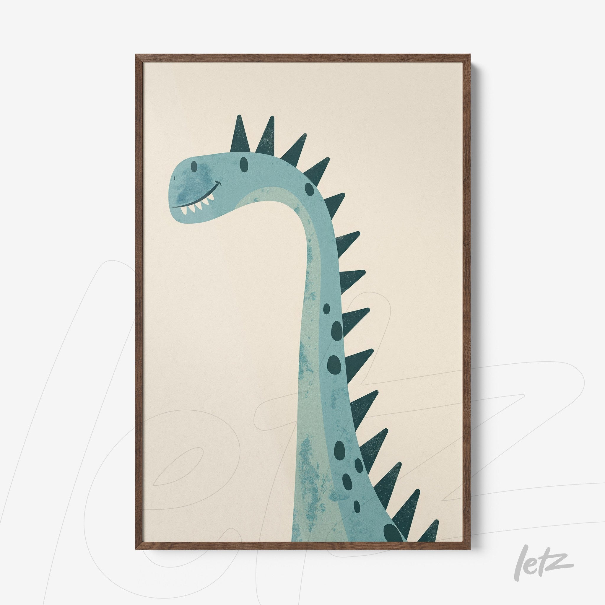 quadro de arte digital com um dinossauro de pescoço longo e espinhos, fundo claro, moldura de madeira escura
