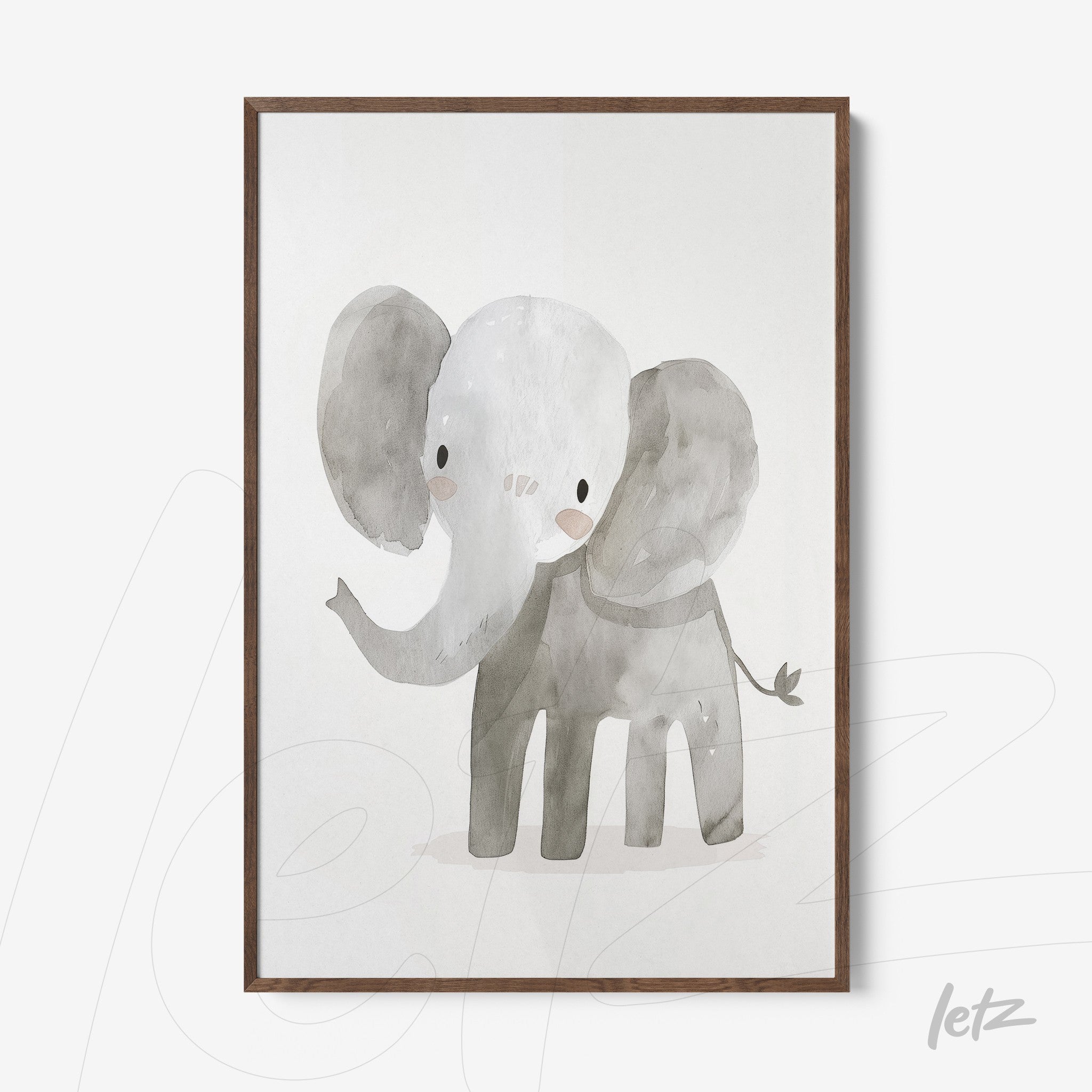 quadro com arte aquarelada de um elefante em moldura de madeira escura