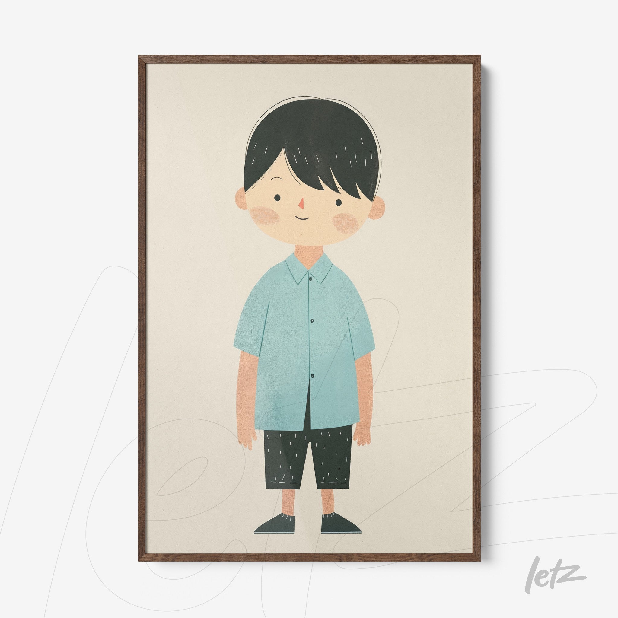 quadro com ilustração de menino sorridente vestindo camisa azul e calças escuras em moldura de madeira escura