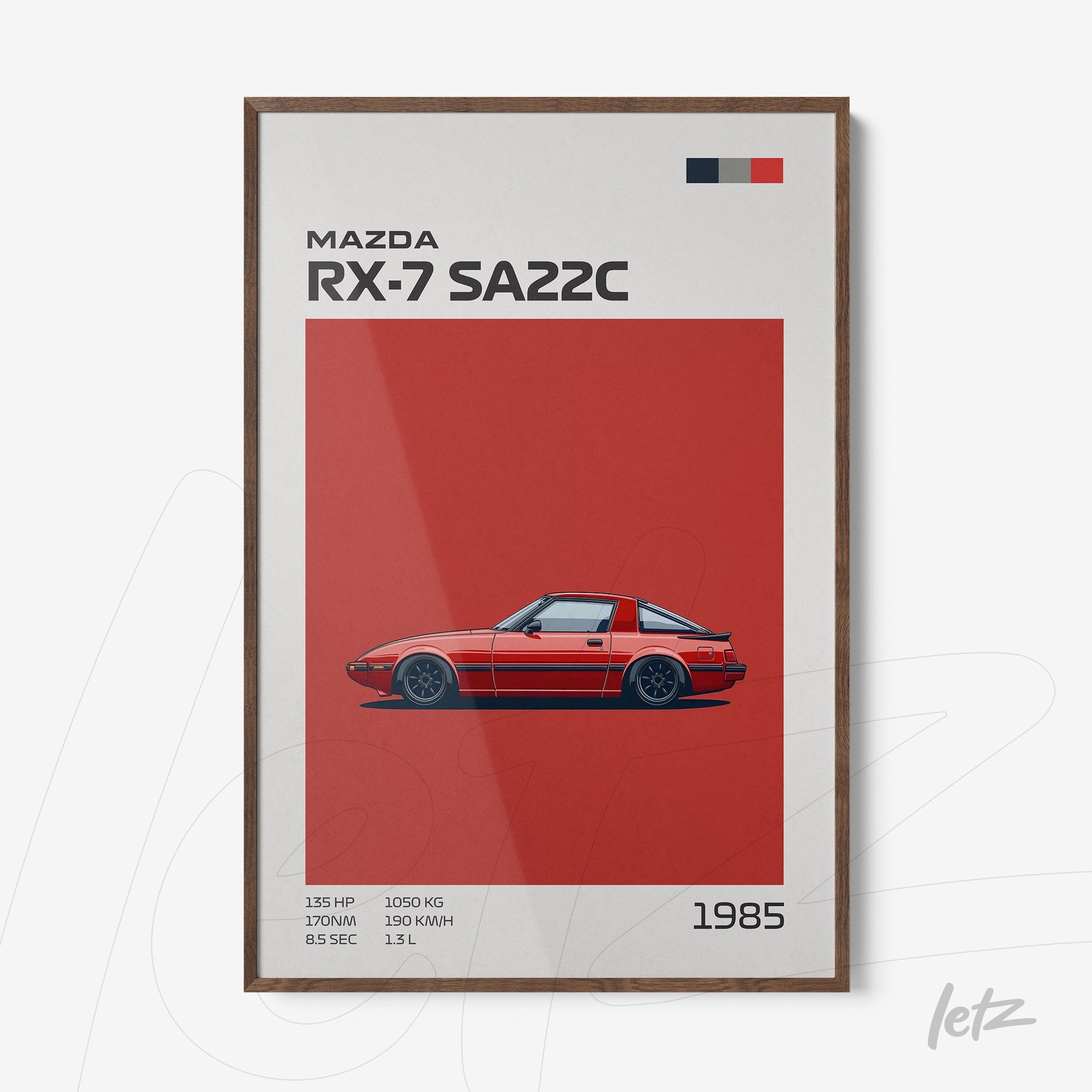 quadro com arte minimalista do carro Mazda RX-7 SA22C sobre fundo vermelho em moldura de madeira escura