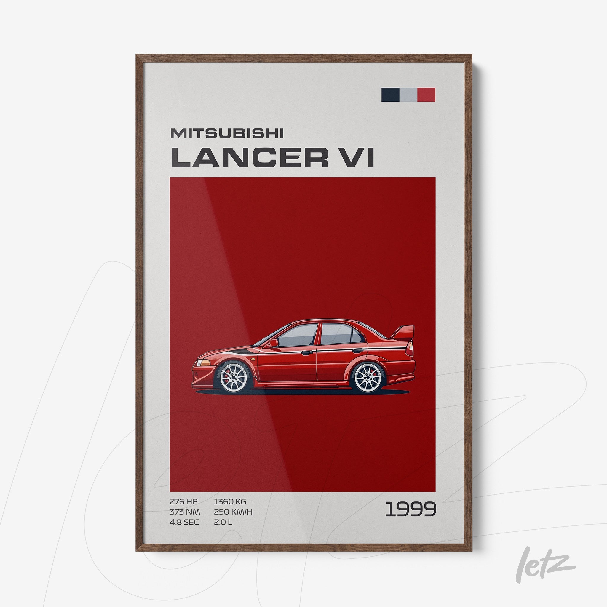 quadro com arte digital do carro Mitsubishi Lancer VI em fundo vermelho, moldura de madeira escura