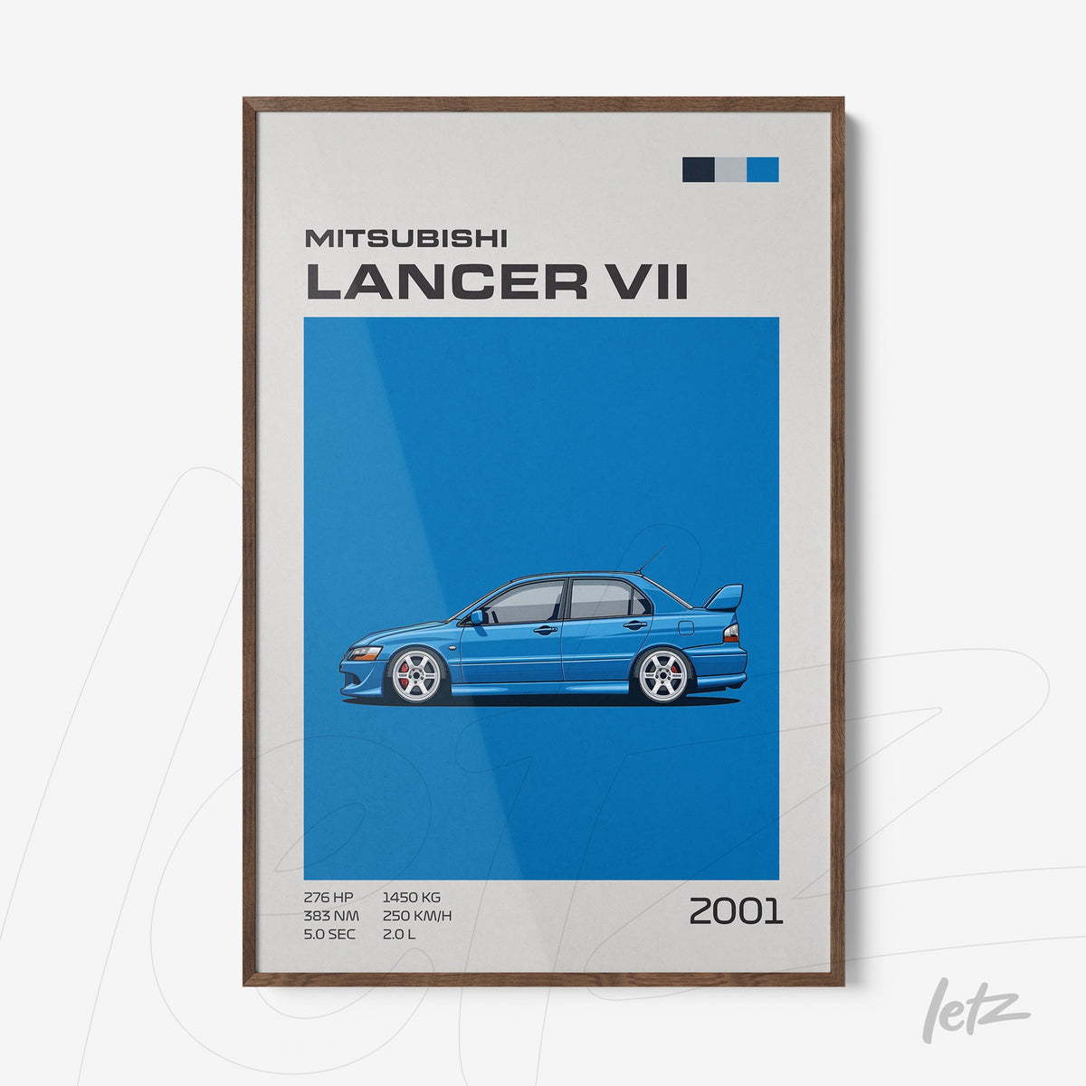 quadro com ilustração detalhada do carro Mitsubishi Lancer VII em fundo azul, moldura de madeira escura