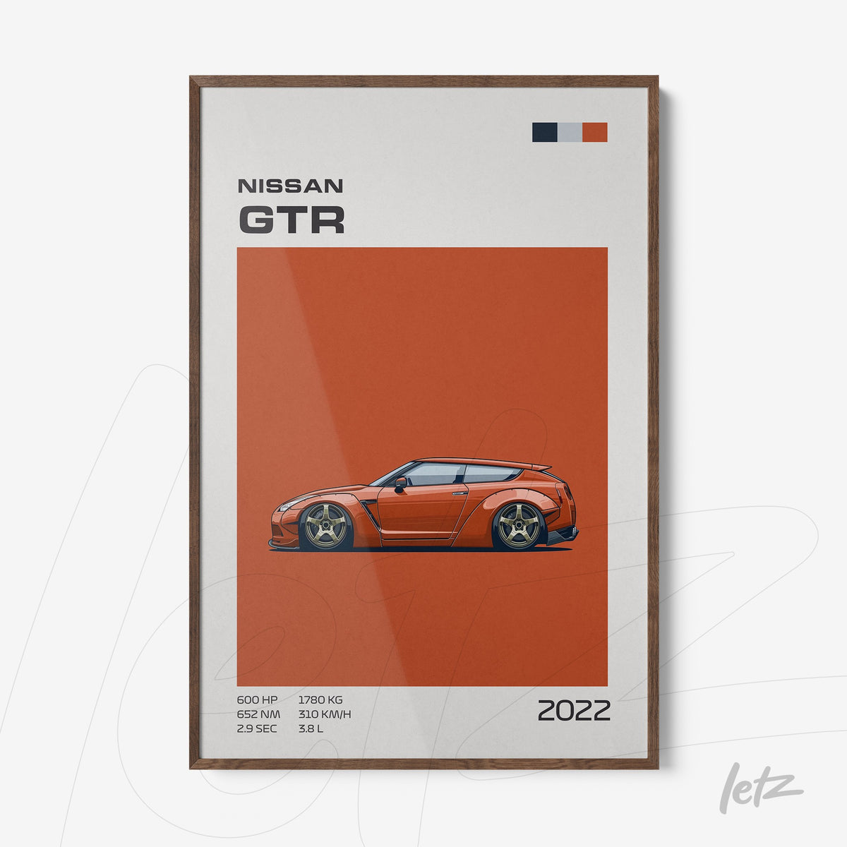 quadro com arte digital do carro Nissan GTR em fundo laranja e moldura de madeira escura