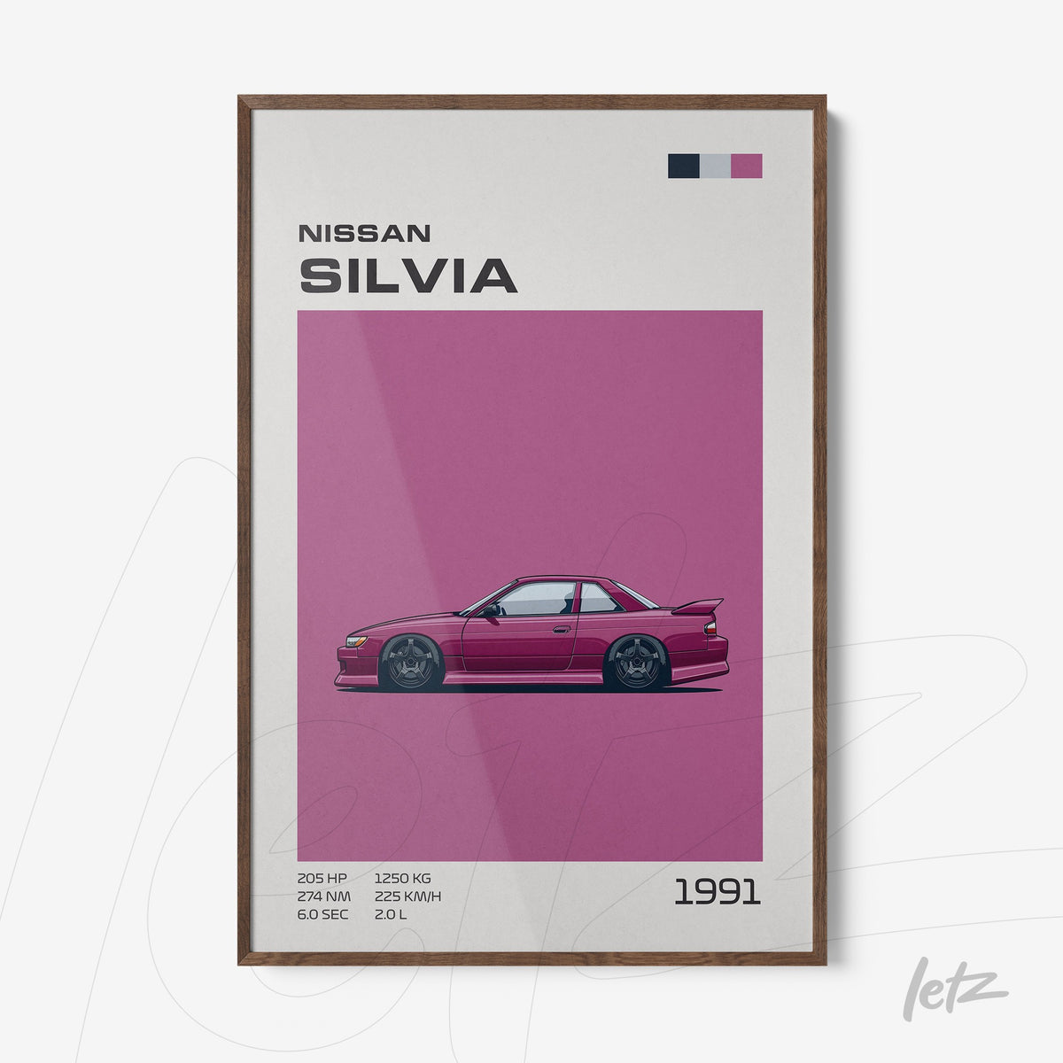 quadro com ilustração do carro Nissan Silvia de 1991 em fundo rosa, com detalhes em cinza e moldura de madeira escura