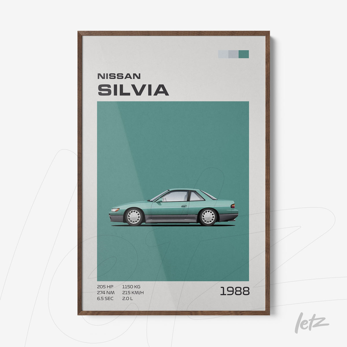 quadro com arte minimalista do carro Nissan Silvia de 1988 em moldura de madeira escura