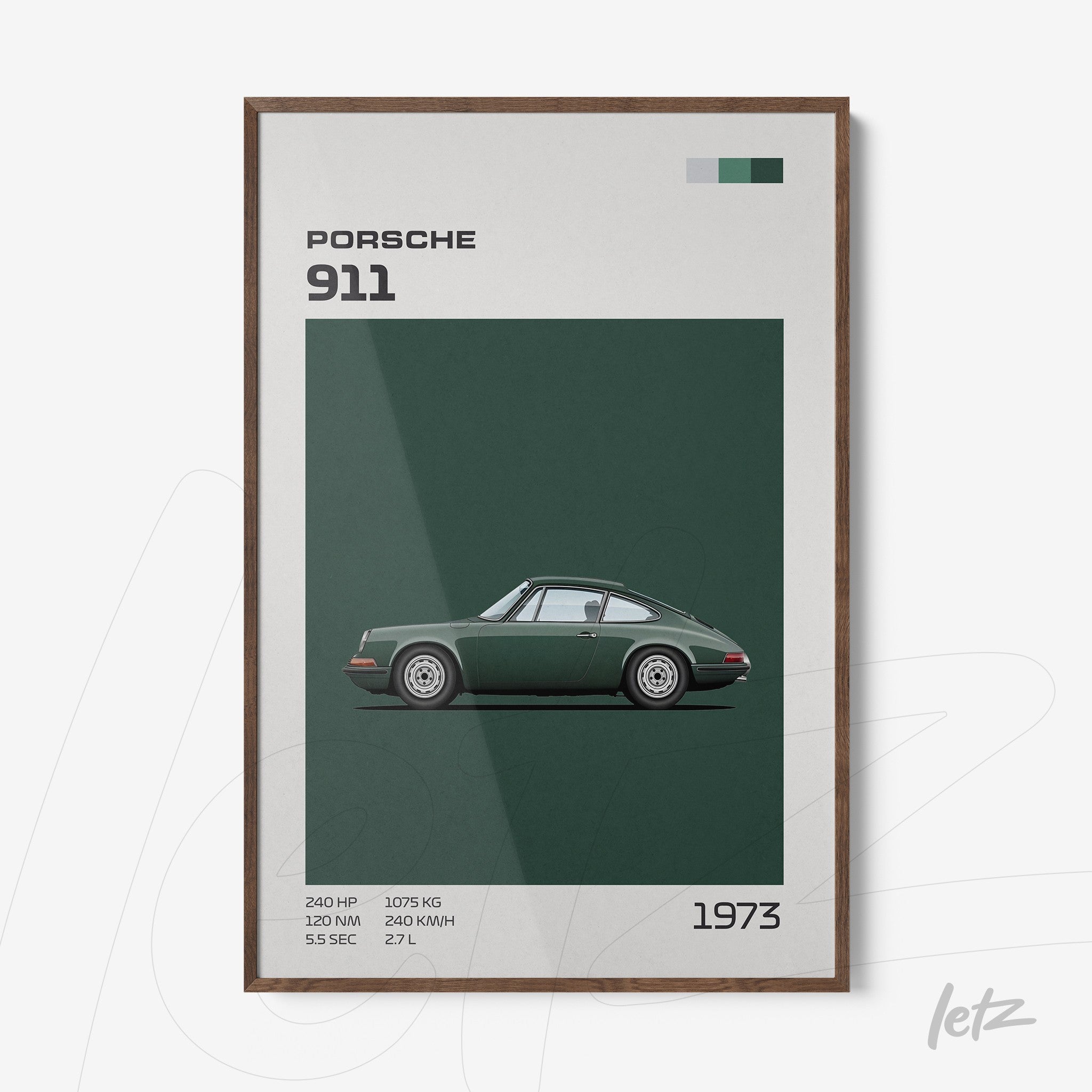 quadro decorativo com ilustração minimalista de um Porsche 911 verde em fundo escuro, moldura de madeira clara com vidro