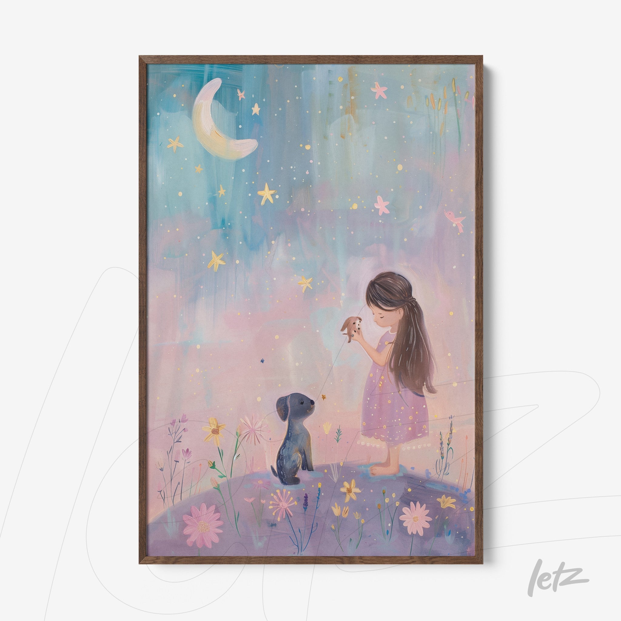 arte infantil mostrando uma menina com um vestido rosa e um cachorro sob um céu estrelado, com detalhes em flores e a lua crescente ao fundo em moldura de madeira escura