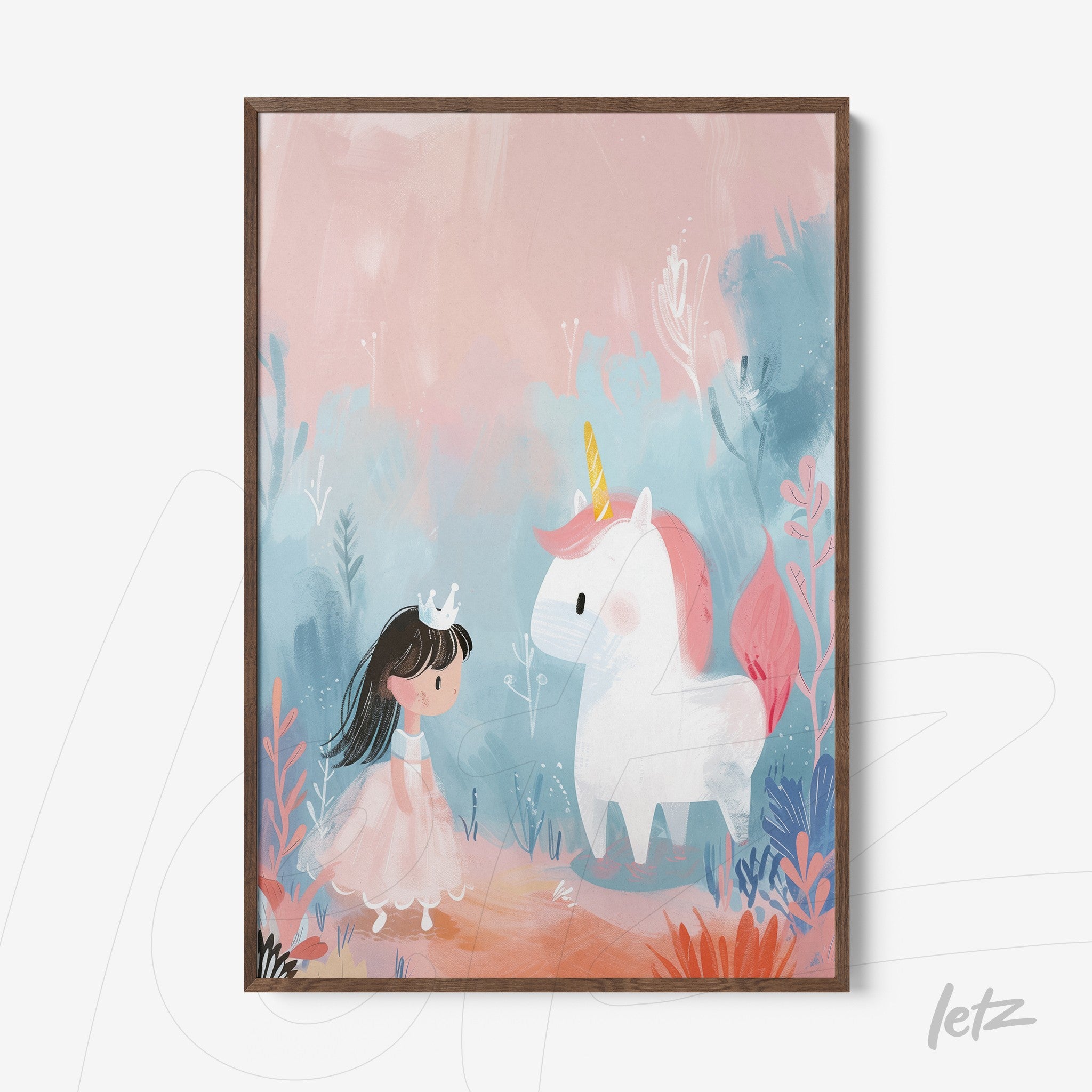 quadro com ilustração infantil de menina com vestido rosa e unicórnio em fundo pastel