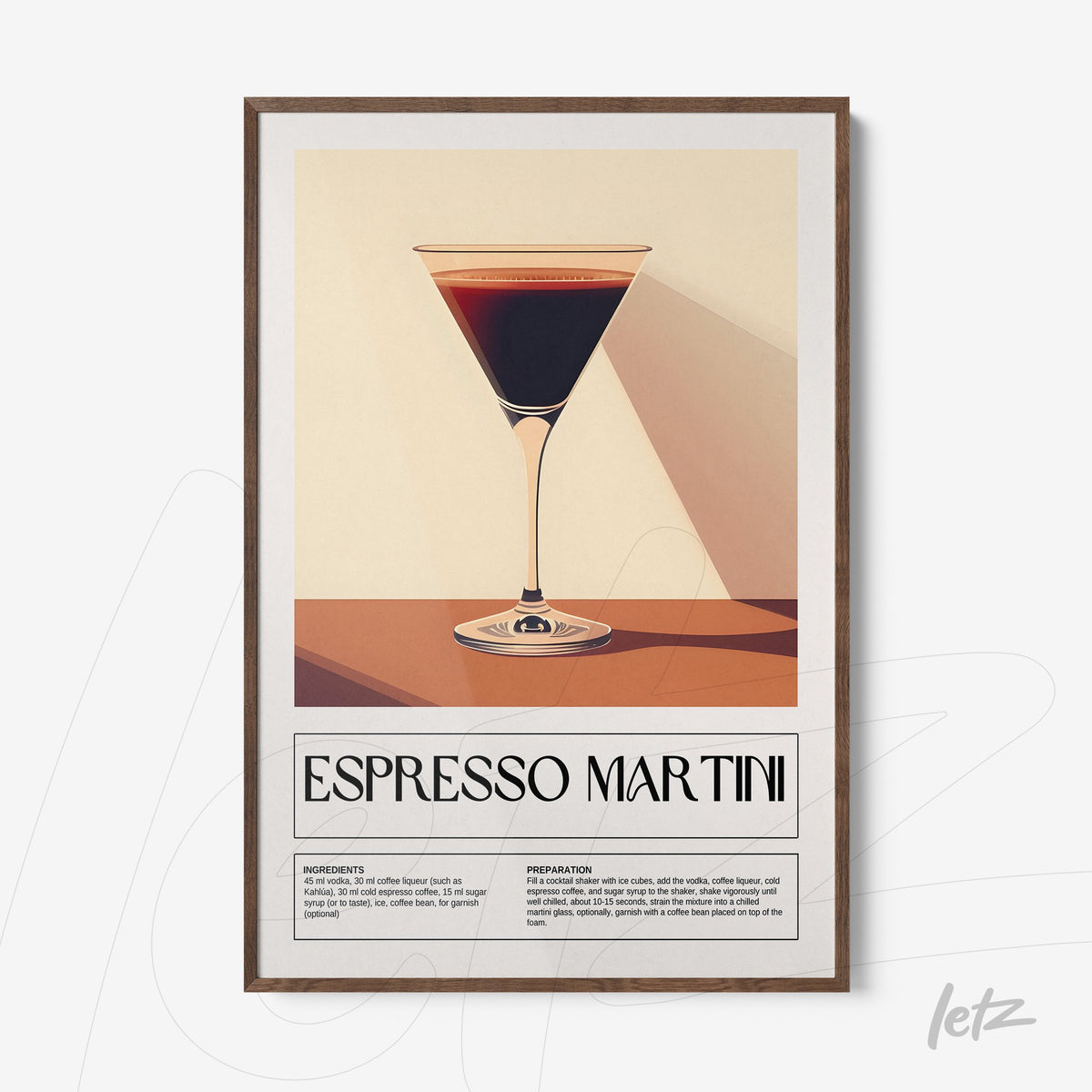 quadro com arte retro do drink espresso martini em moldura de madeira escura