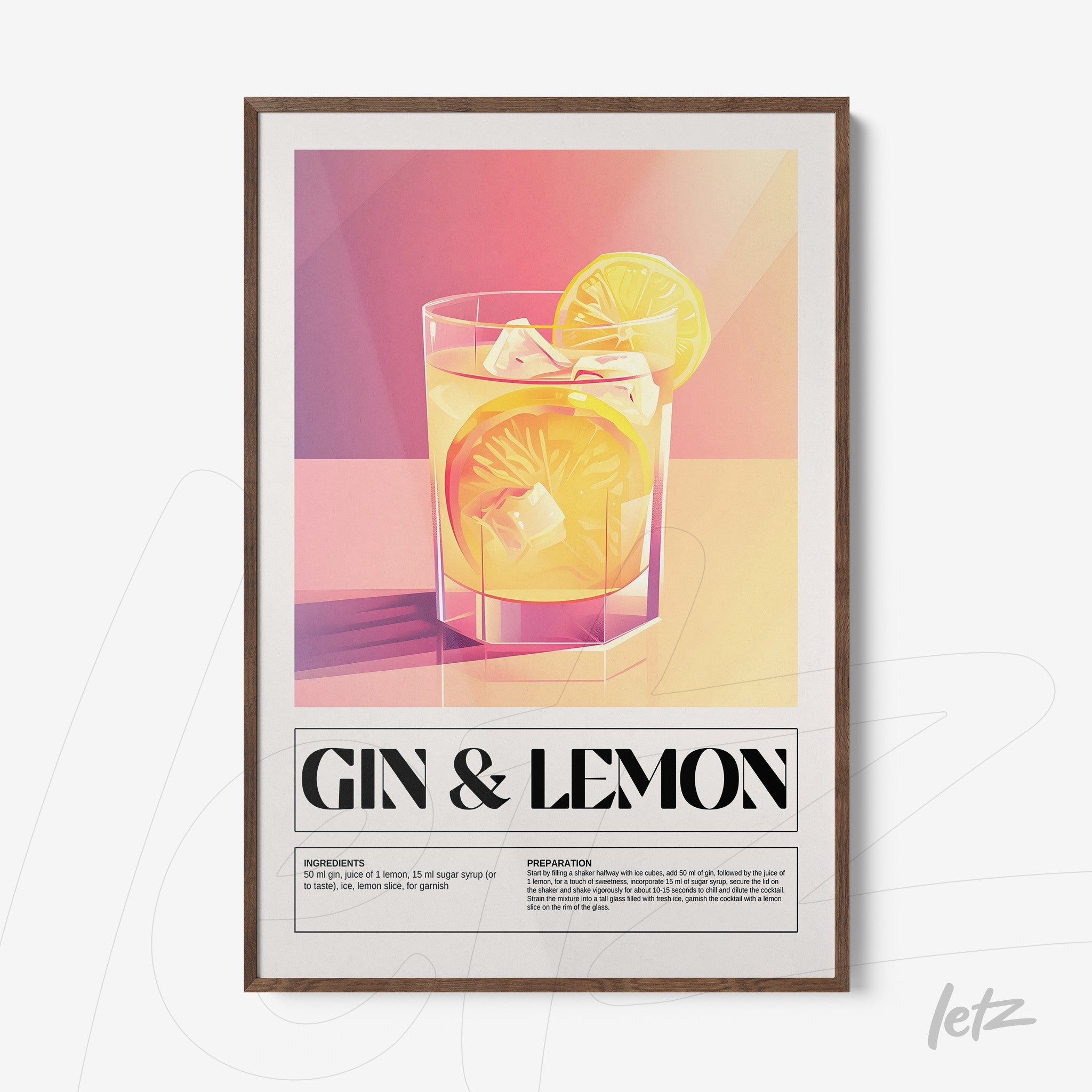 quadro com arte gráfica de drink gin com limão em moldura de madeira clara, fundo em degradê rosa e amarelo