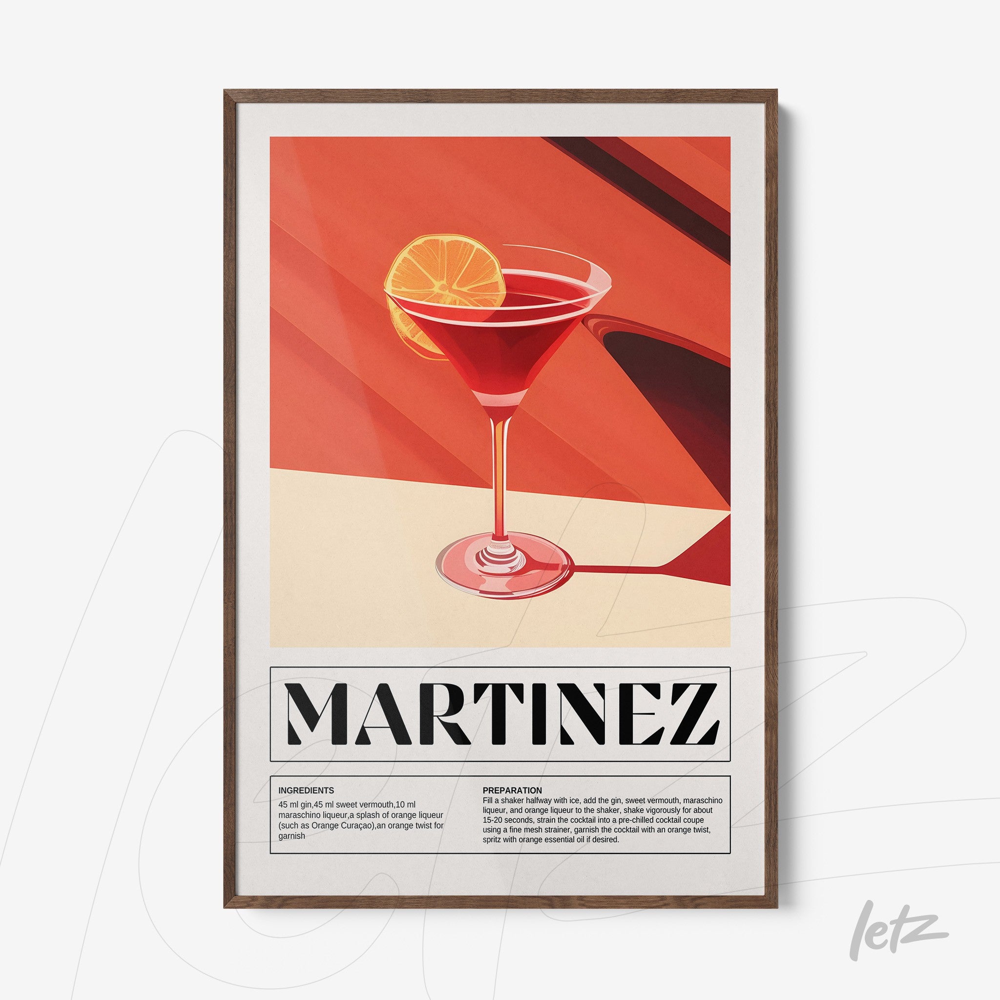 quadro com arte em estilo retrô do drink martinez em moldura de madeira escura