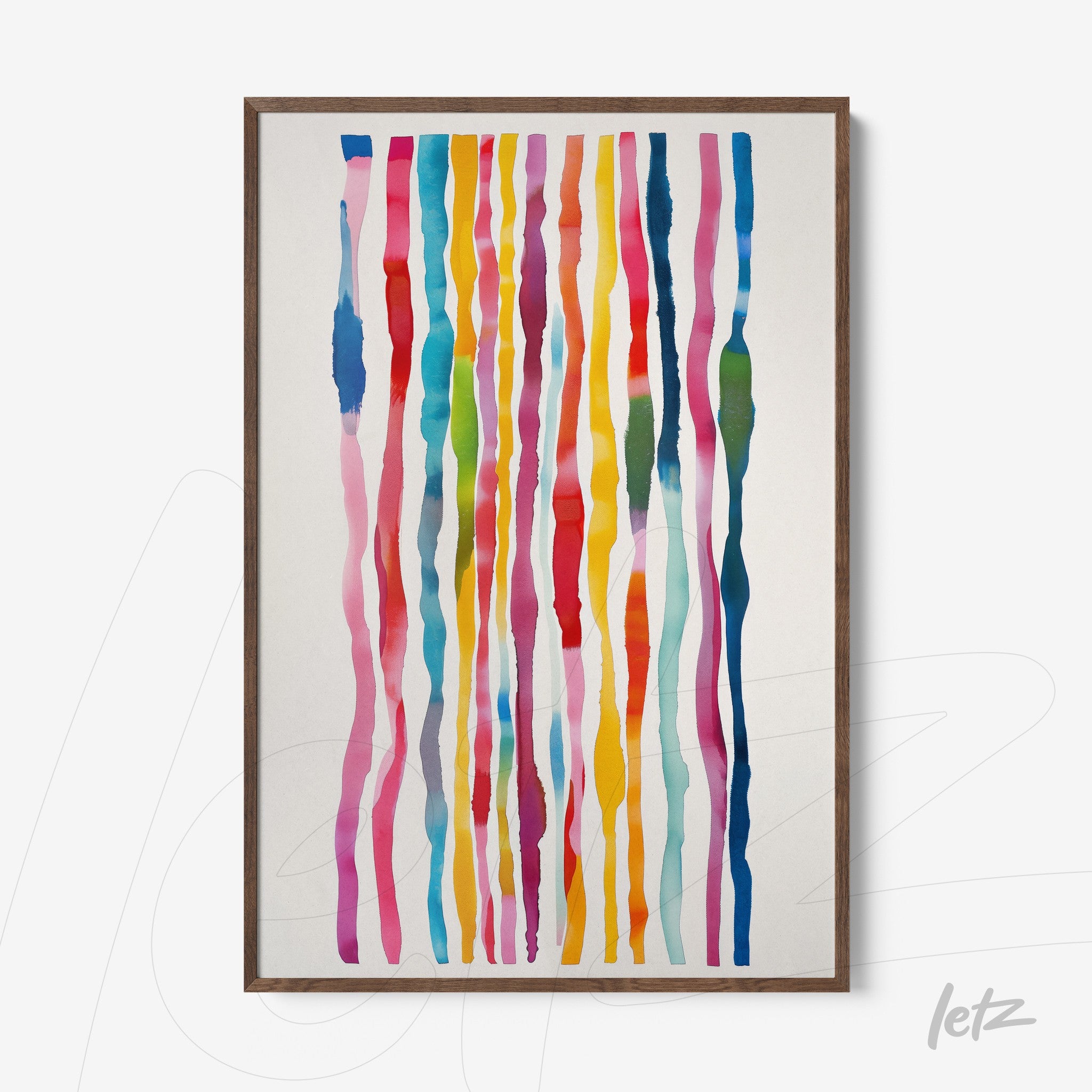 quadro emoldurado com arte em aquarela, apresentando tiras coloridas em tons de rosa, azul, amarelo e verde sobre fundo neutro