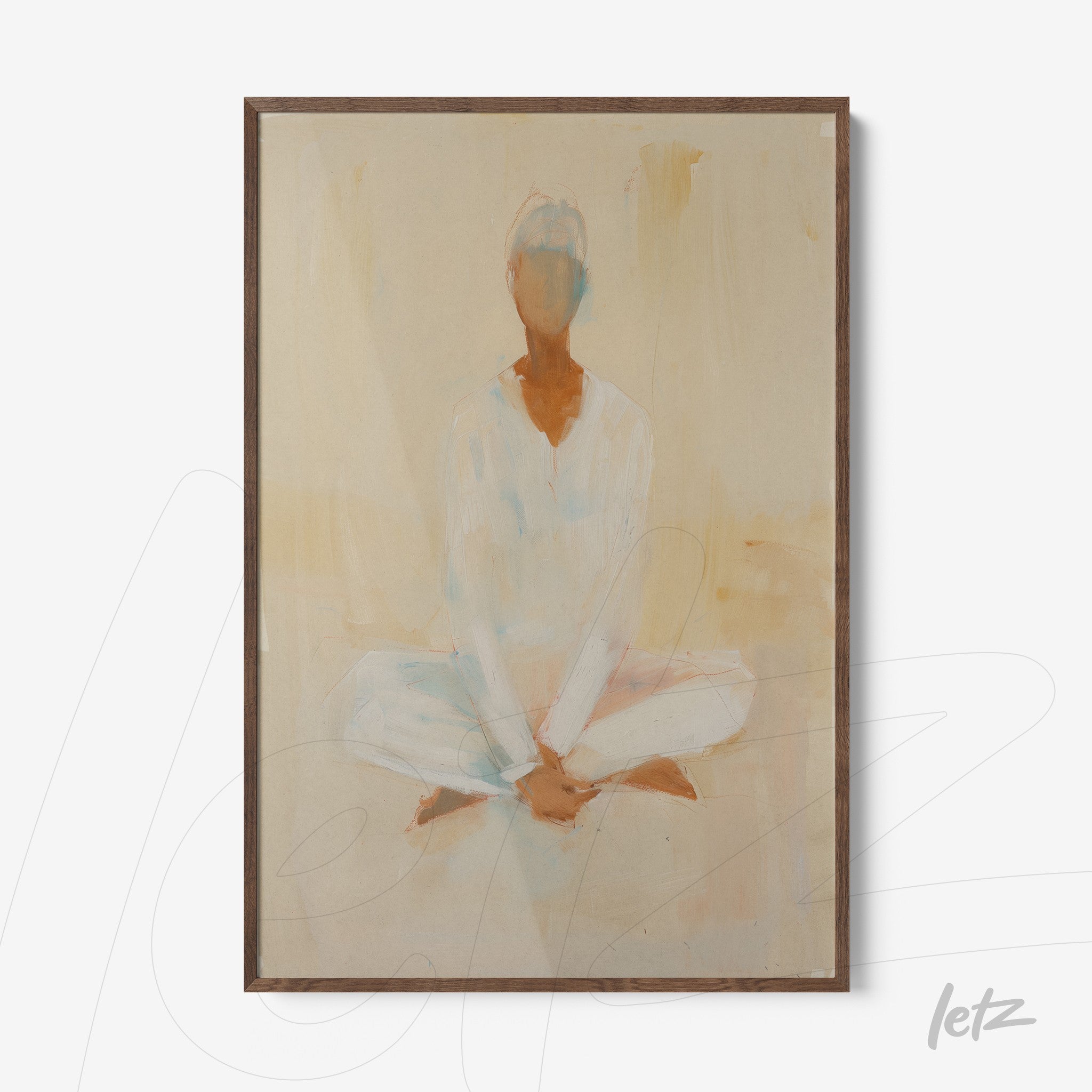 quadro com arte abstrata de figura meditativa sentada em estilo minimalista com moldura de madeira clara