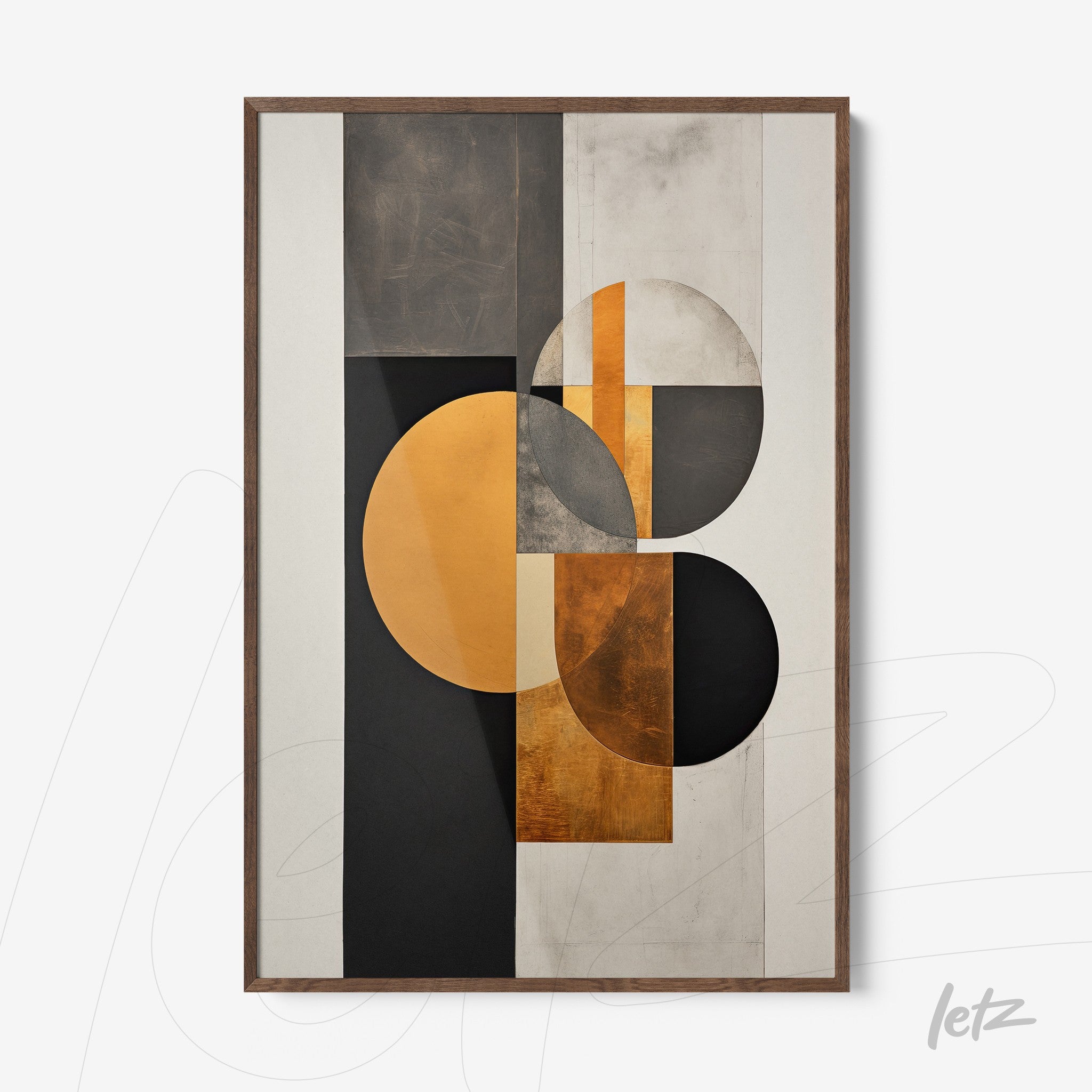 quadro com arte abstrata de formas geométricas em tons de dourado, preto e cinza, moldura de madeira escura