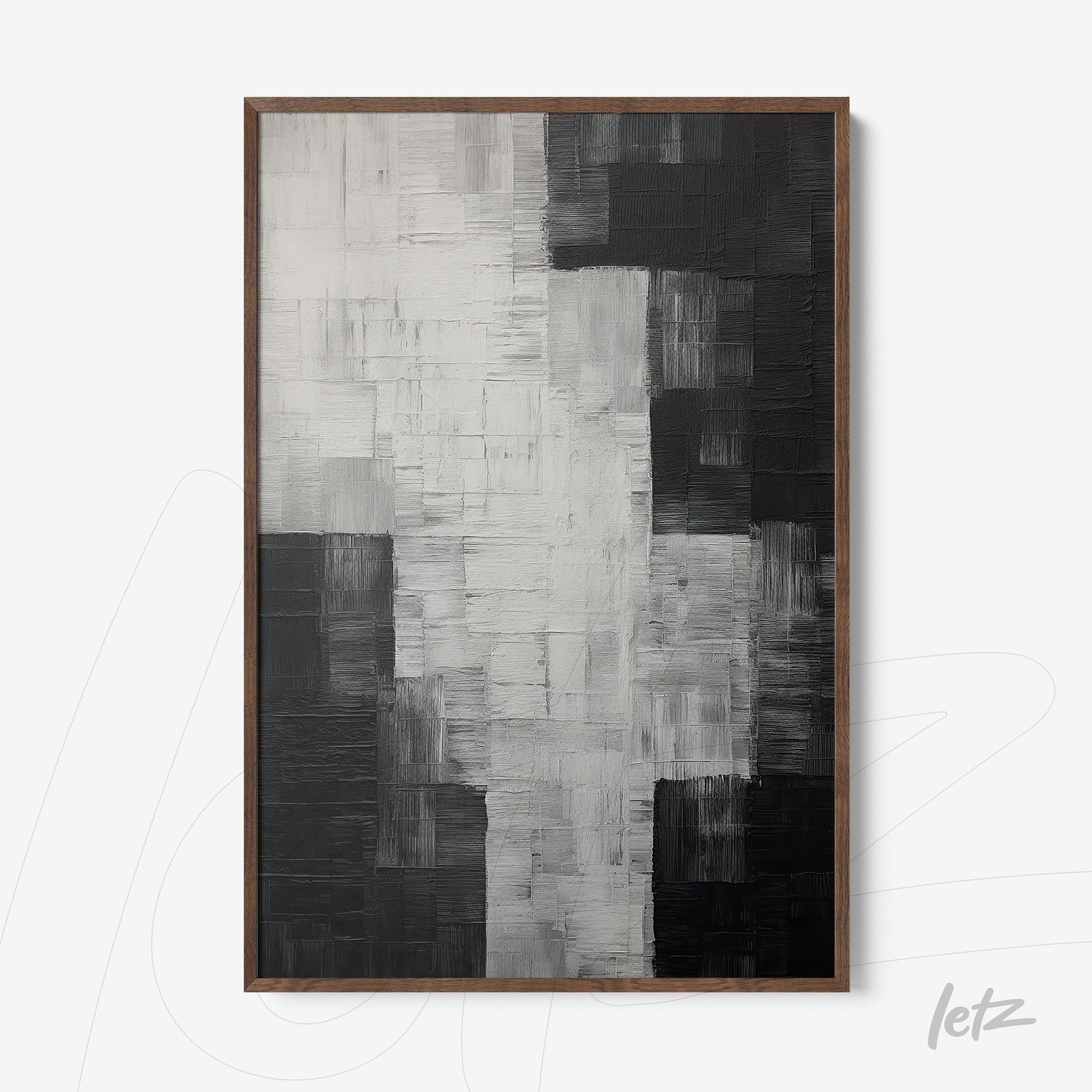 quadro abstrato em preto e branco com textura rica, em moldura de madeira escura