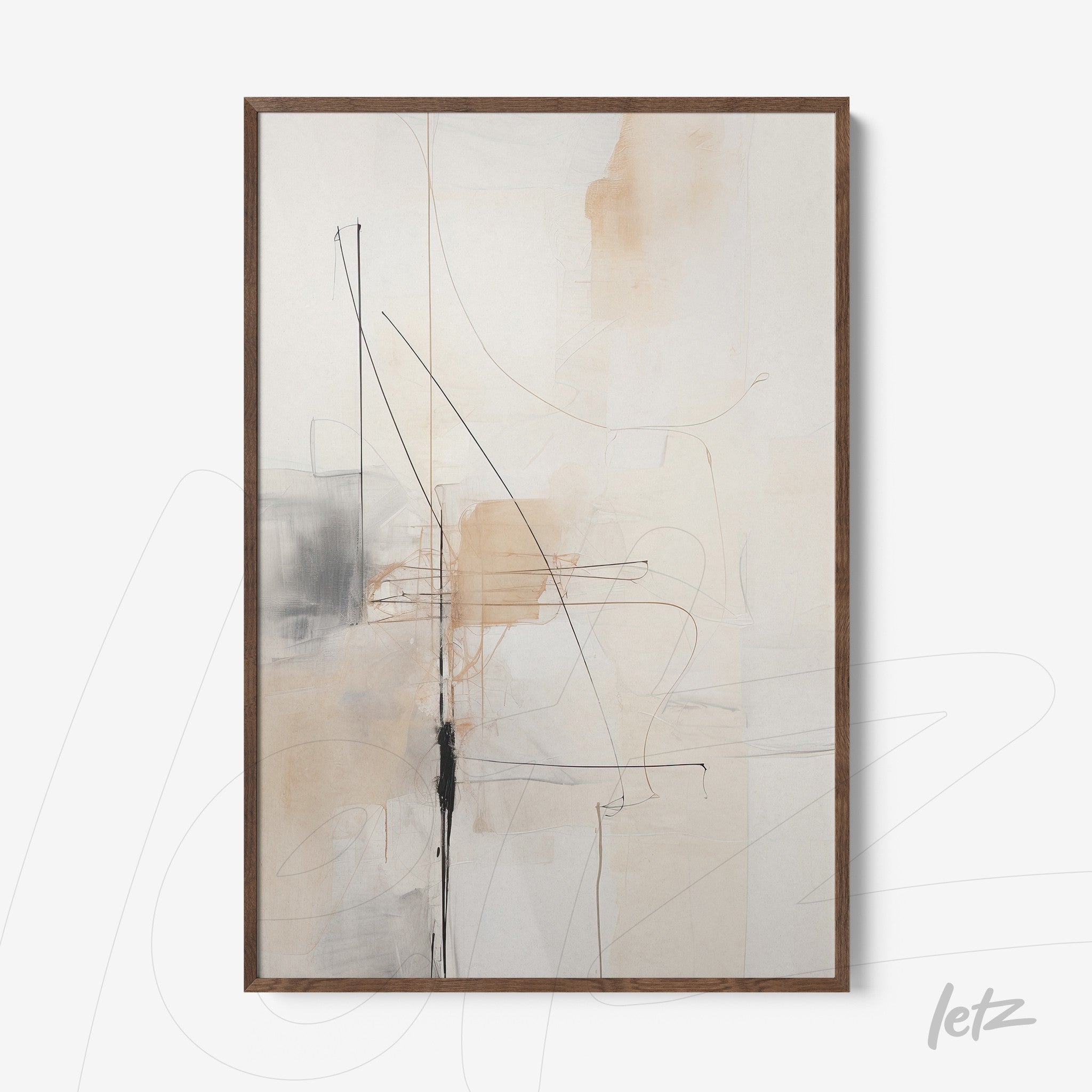 quadro com arte abstrata em tons neutros, com traços em preto e laranja, em moldura de madeira escura