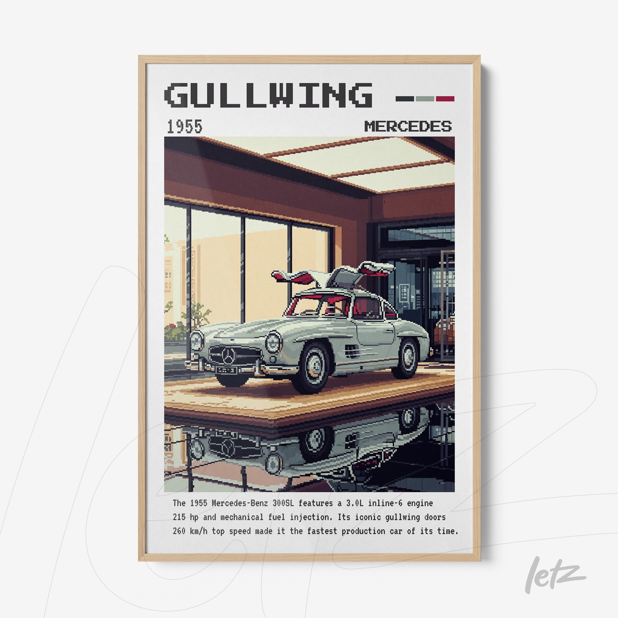 quadro com arte retrô de um carro Mercedes-Benz 300SL Gullwing em moldura de madeira clara