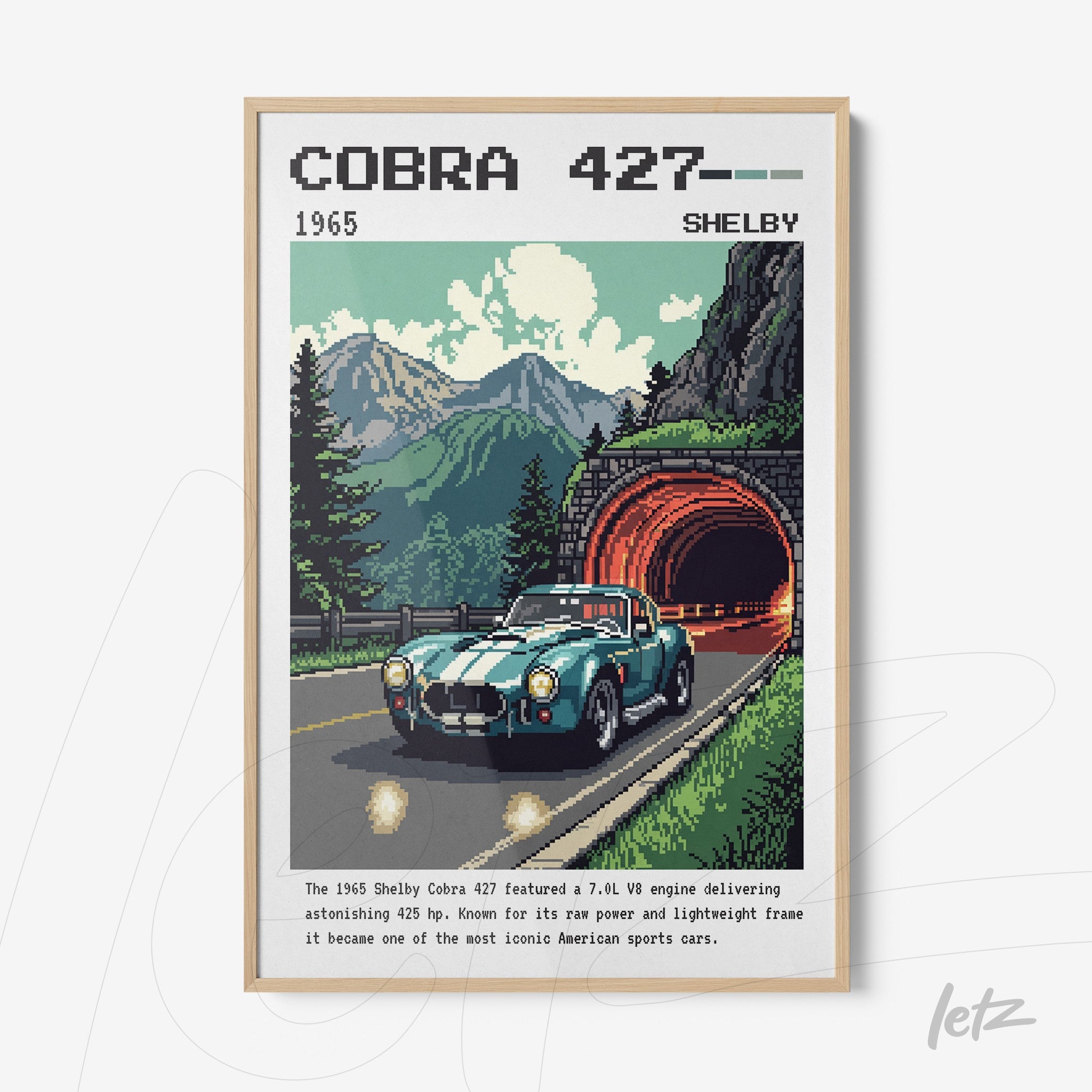 quadro com arte retro de carro esporte Shelby Cobra 427 em moldura clara