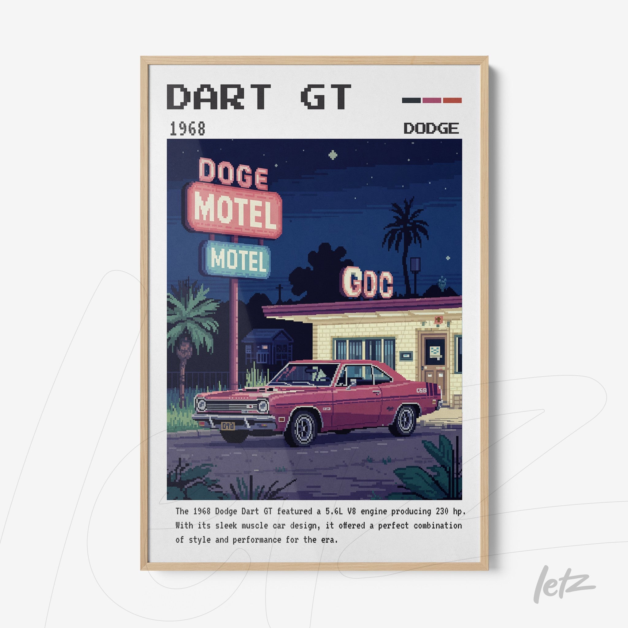 quadro com arte digital de um carro Dodge Dart GT de 1968 em estilo retrô com detalhes de uma motel vintage ao fundo