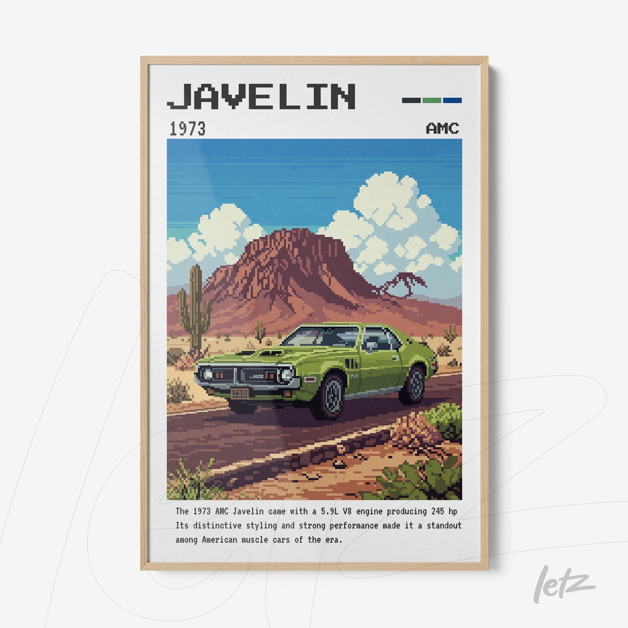 quadro com arte pixelada de um carro Javelin verde em um ambiente desértico, moldura de madeira clara