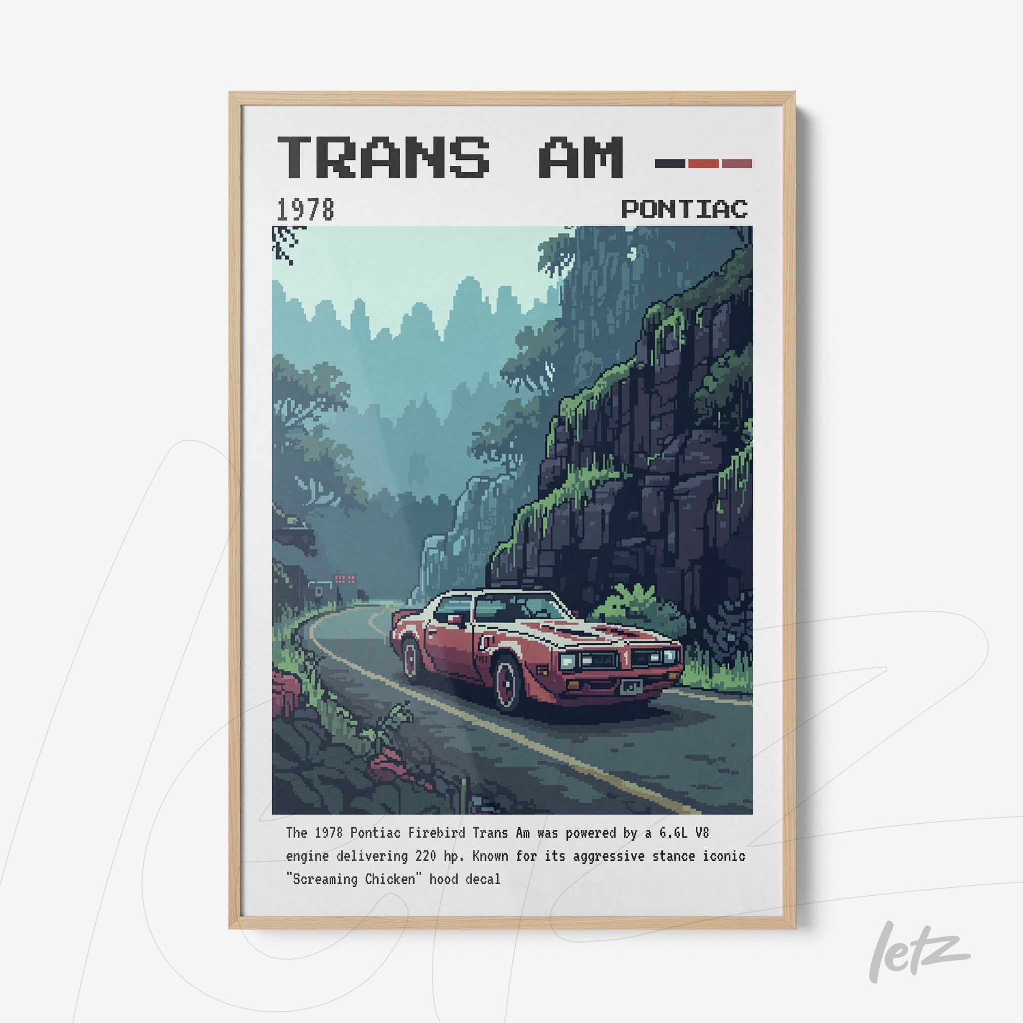 quadro com arte digital de carro esportivo Trans Am estilizado, em moldura de madeira clara, com paisagem montanhosa ao fundo