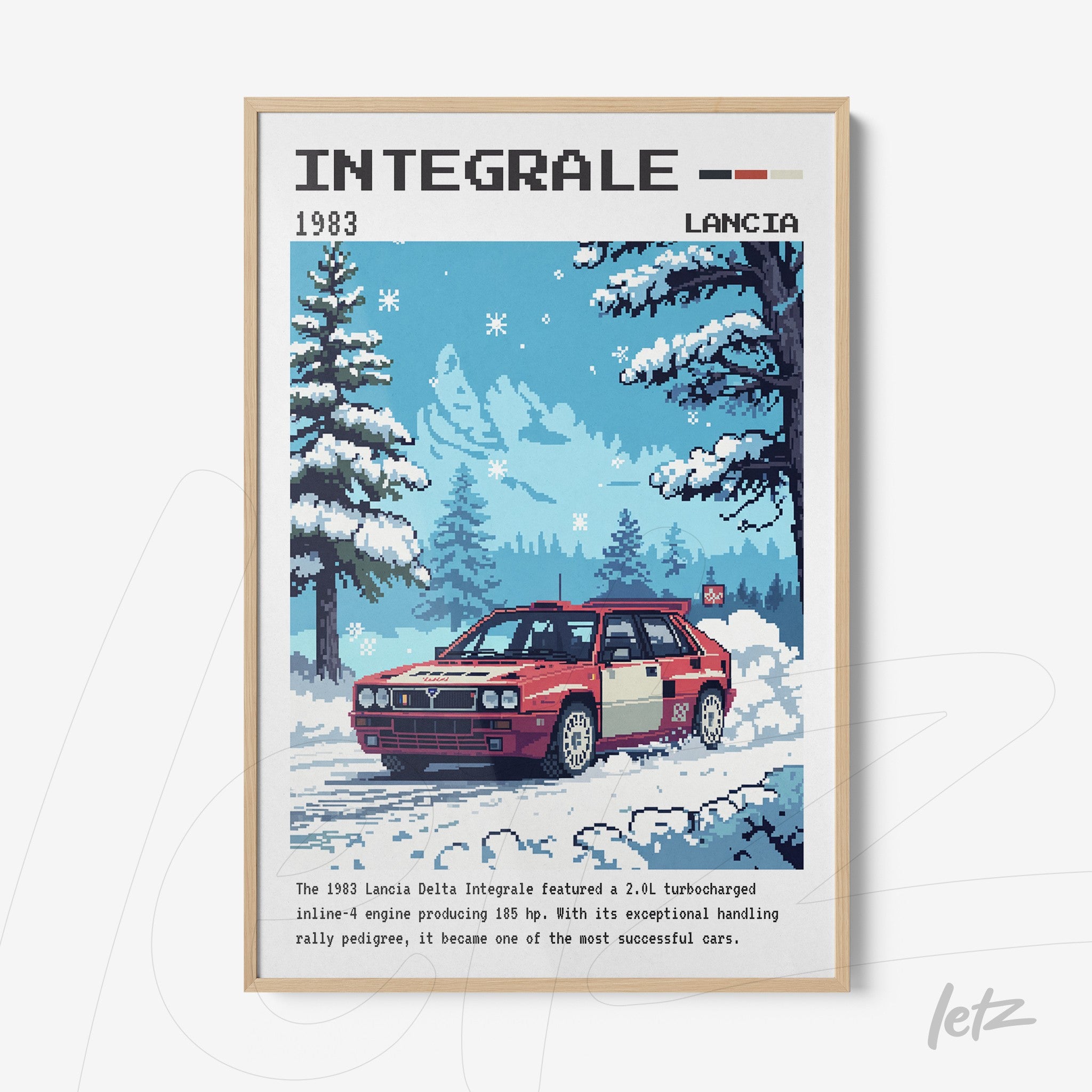 quadro com arte pixelada de um carro Lancia Delta Integrale em uma paisagem invernal, com moldura clara