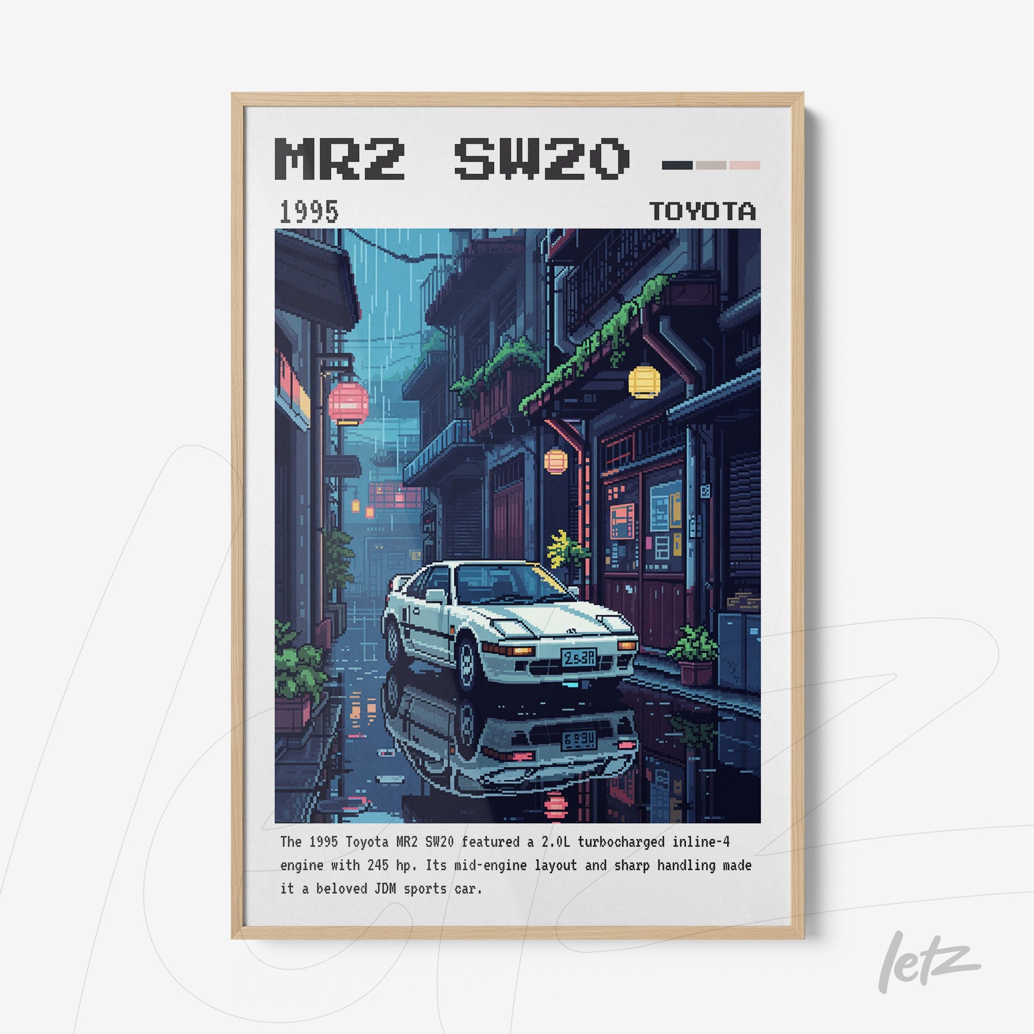 quadro com arte pixelada de um carro Toyota MR2 SW20 em uma rua de cidade japonesa sob chuva em moldura clara
